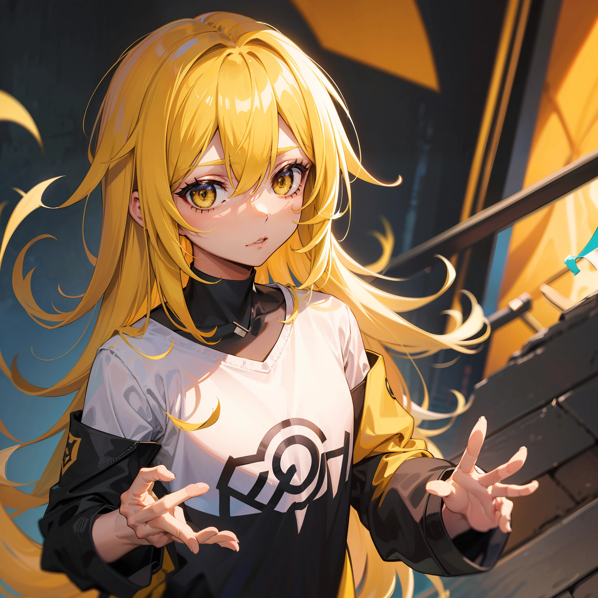 Garoto, homem, messy yellow hair, blusa preta com listras amarelas, olhos amarelos, Amicable