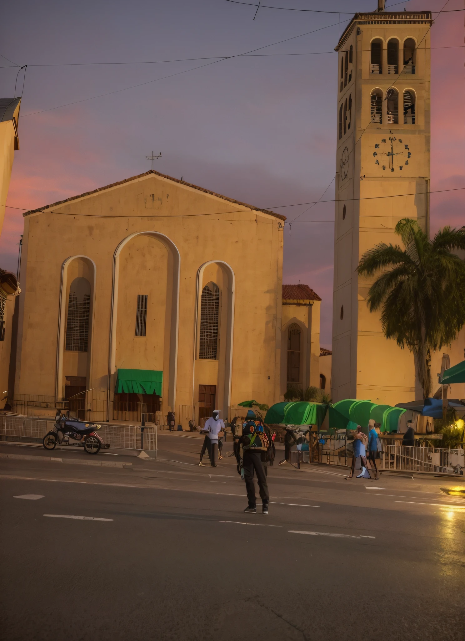 Tem um homem andando de skate na rua, visto de fora, vista do lado, Beautiful image, catedral, lateralmente, vista das ruas, Completo - Vista, visto lateralmente, Vista lateral, catedral da igreja, Why Sepulto, igreja no fundo, historical image, cena triste, Directed by: Matteo Pérez, foto ao lado