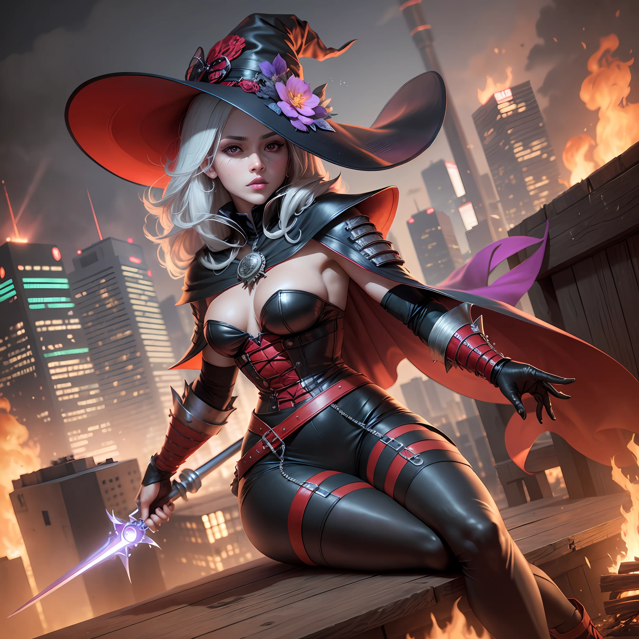 Witch Hunter and Acrobat hybrid with a rapier and an anime-style cape with an animal and the red and black outfit as a samurai, sitting on a clean rooftop in a crowded downtown city, a giant wooden bonfire with a crowd of people watching, with glowing red and purple glowing eyes, 4k, octane render, photorealism, high details, hyper details, high res,