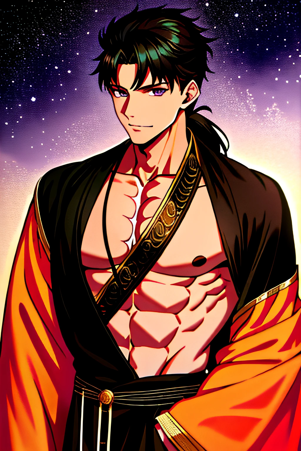 (Masterpiece: 1.4), (Best Quality: 1.4), 1 child, solo, (Emiya Shirō \(fate\):1.2), mischievous smile, long black hair, tied in a ponytail, tanned skin, purple eyes , Male, open shirt, muscular, Aesthetic Boy ((very good anatomy)) toned muscles, athletic, prominent pectorals and abs, ((Ancient Indian clothing)), Black and dark green Sherwani, (((Traditional Indian clothing))) Black Churidar, liquid gold floating around, facing viewer, upper body, city, cityscape, sky, night, stars, anime style, moon-like style