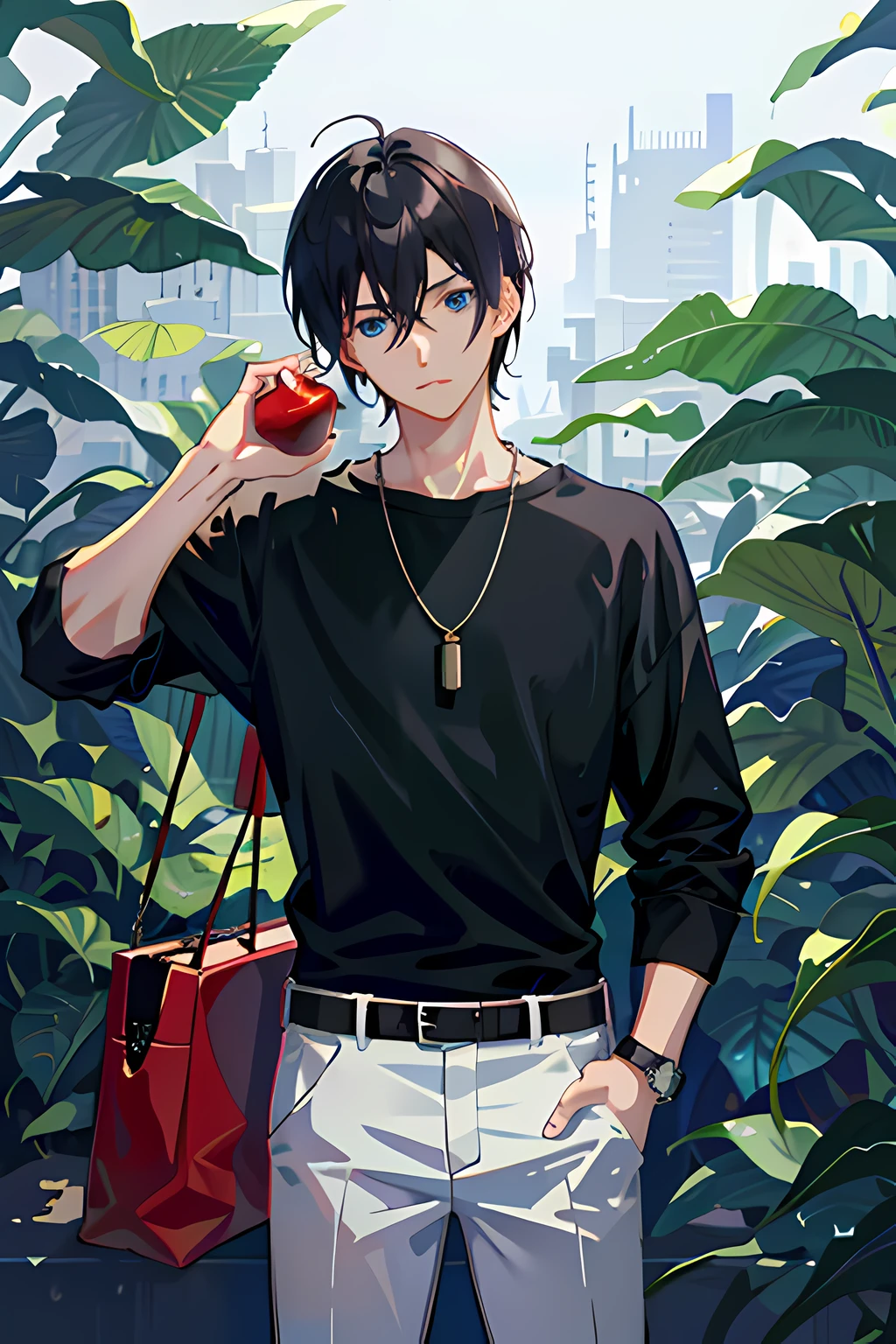 1boy, apple, bag, bangs, berry, black hair, black shirt, blue eyes, hair between eyes, jewelry, leaf, looking at viewer, male focus, necklace, pants, shirt, solo, watch, white pants, wristwatch, messy hair, trending on artstation, 8k resolution, highly detailed, anatomically correct, sharp image, digital painting, concept art, trending on pixiv, style of makoto shinkai,