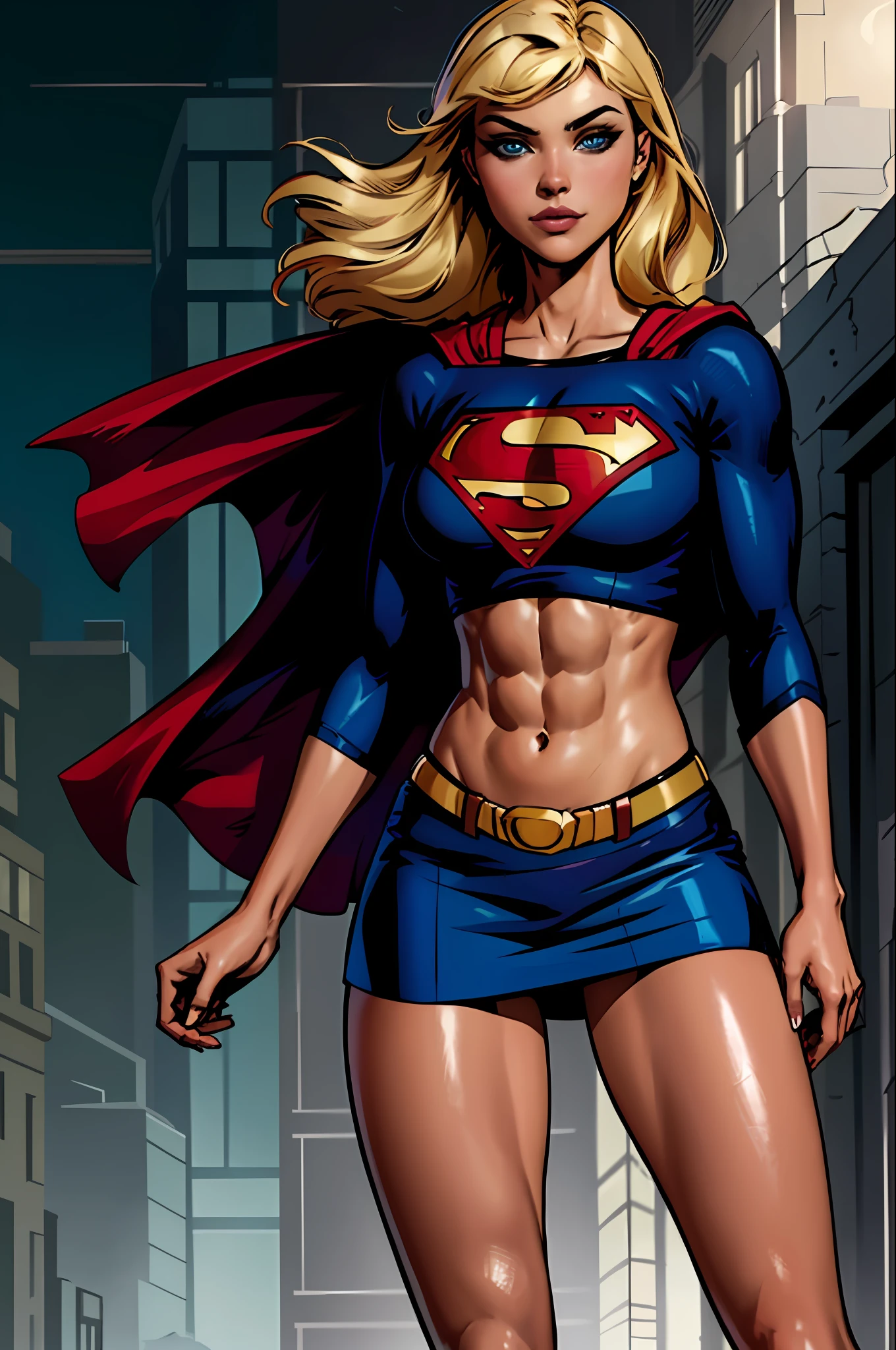a beautiful comic book illustration of Supergirl from DC Comics, drawn by artist Jim Lee, Artgerm, (edge lighting:1.1), long hair, an extremely beautiful, high resolution portrait photo of the super heroine Supergirl, (skintight:1.1), crop top, (bare midriff:1.1), miniskirt, muscular, sixpack abs, detailed eyes, (cowboy shot:1.1), cleavage, slender, ultra highres, 4k high resolution, posing