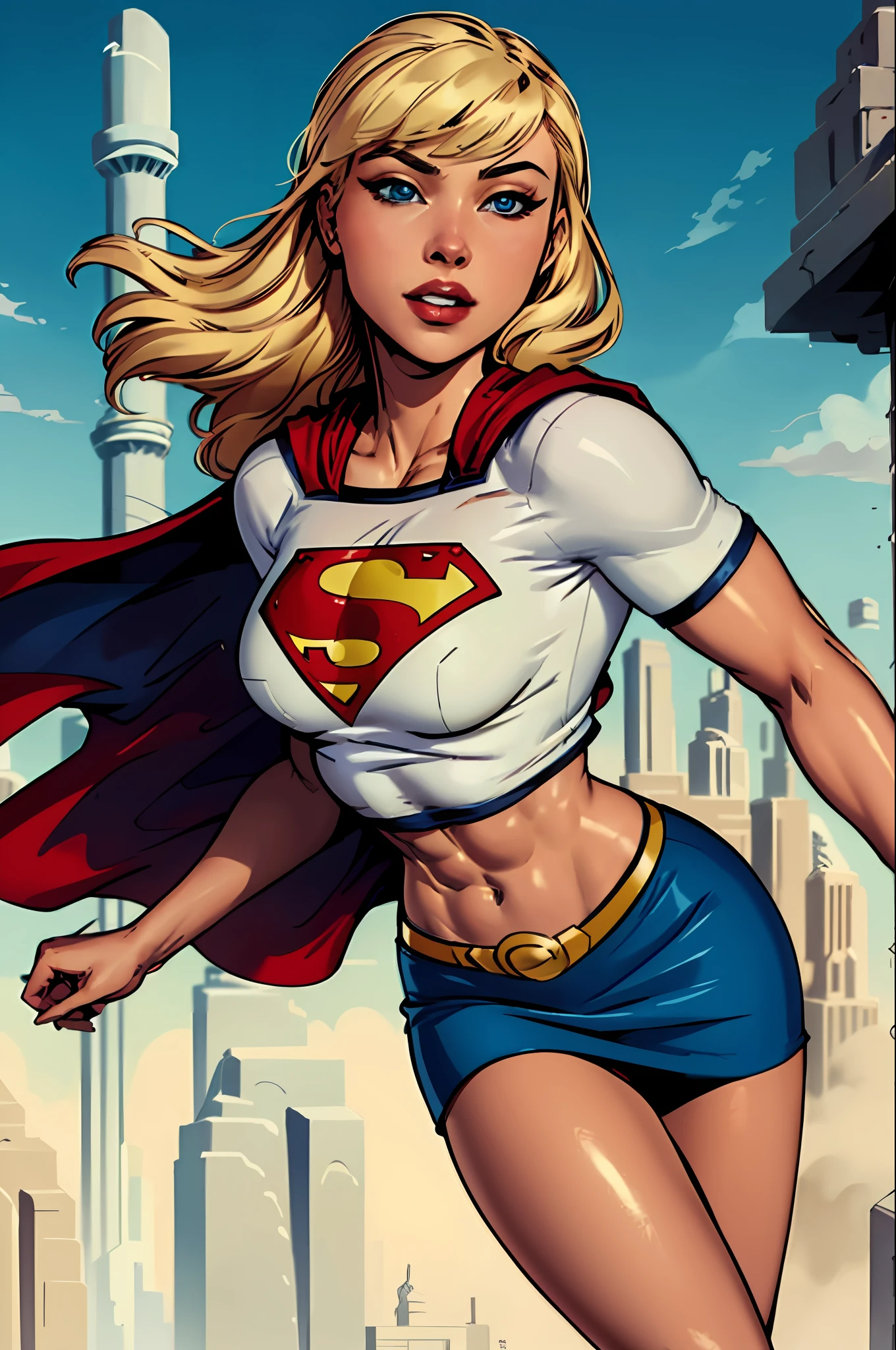 a beautiful comic book illustration of Supergirl from DC Comics, drawn by artist Jim Lee, Artgerm, (edge lighting:1.1), long hair, an extremely beautiful, high resolution portrait photo of the super heroine Supergirl, (skintight:1.1), crop top, (bare midriff:1.1), miniskirt, muscular, sixpack abs, detailed eyes, (cowboy shot:1.1), cleavage, slender, ultra highres, 4k high resolution, posing
