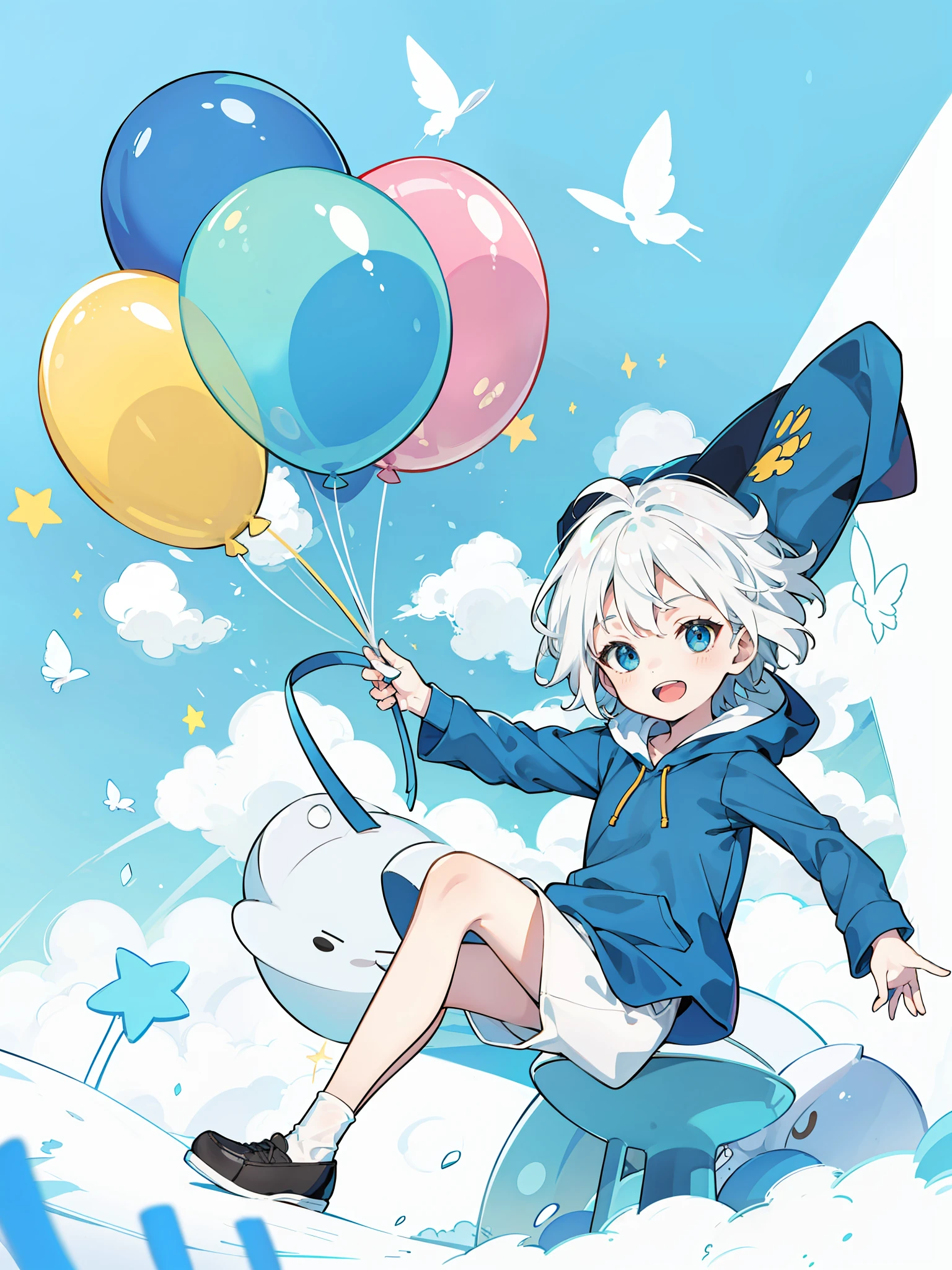 Excellent，Highest image quality，The boy with white hair，adolable，coloredballoons，children's，playground，dream magical，Reallightandshadow
