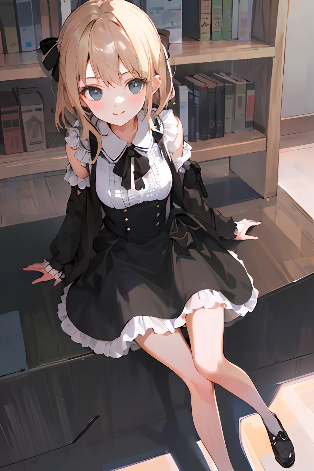 (masterpiece:1.4), (best quality:1.4), realistic, 1girl, artoria pendragon \(fate\), dress, library, smile,