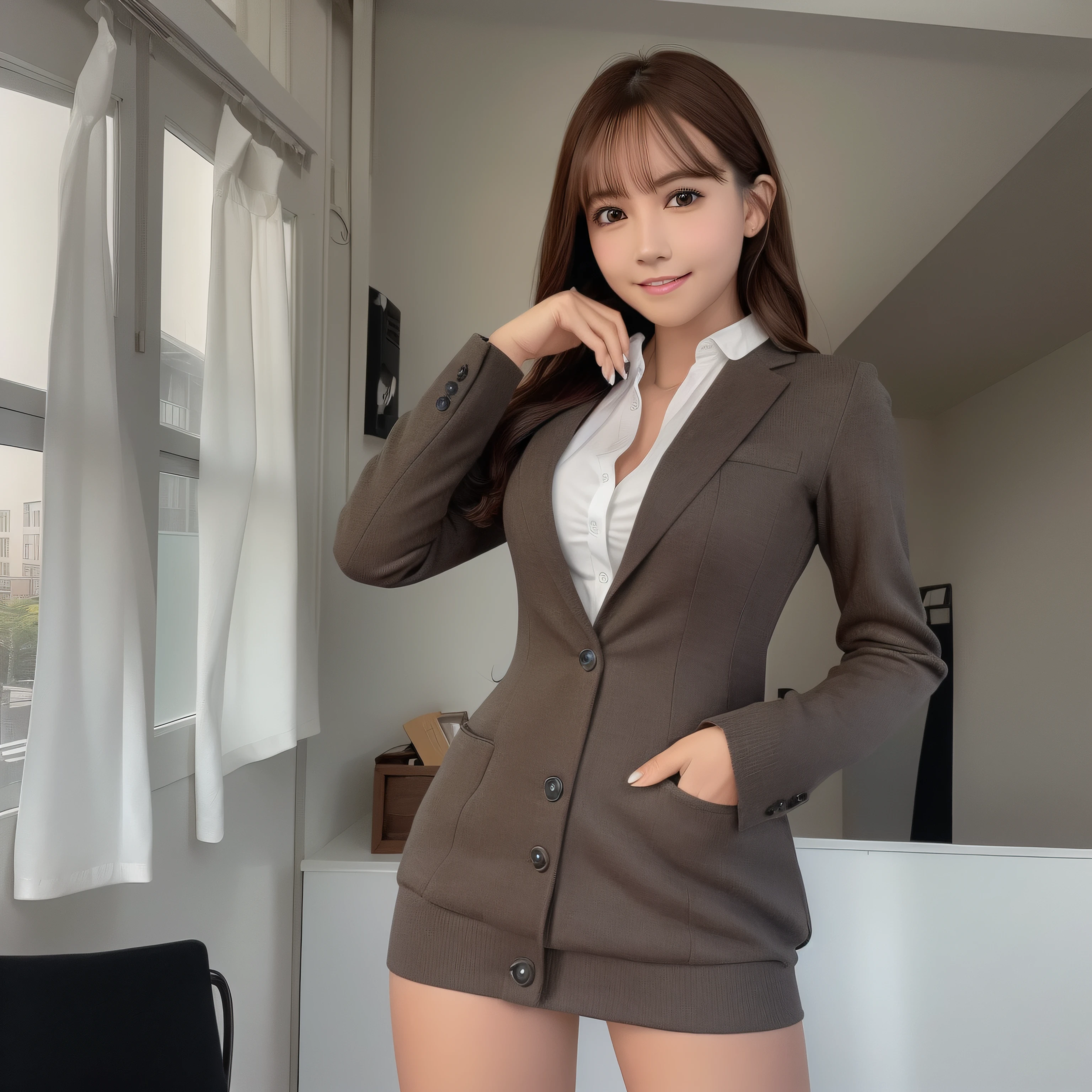 ultra-detailed, 1 girl, very cute, slim athletic body, beautiful detailed brown eyes, dark brown hair, open eyes, smile, standing, gaze at viewer, business attire, business suit, short skirt, office, windows, desks, computers