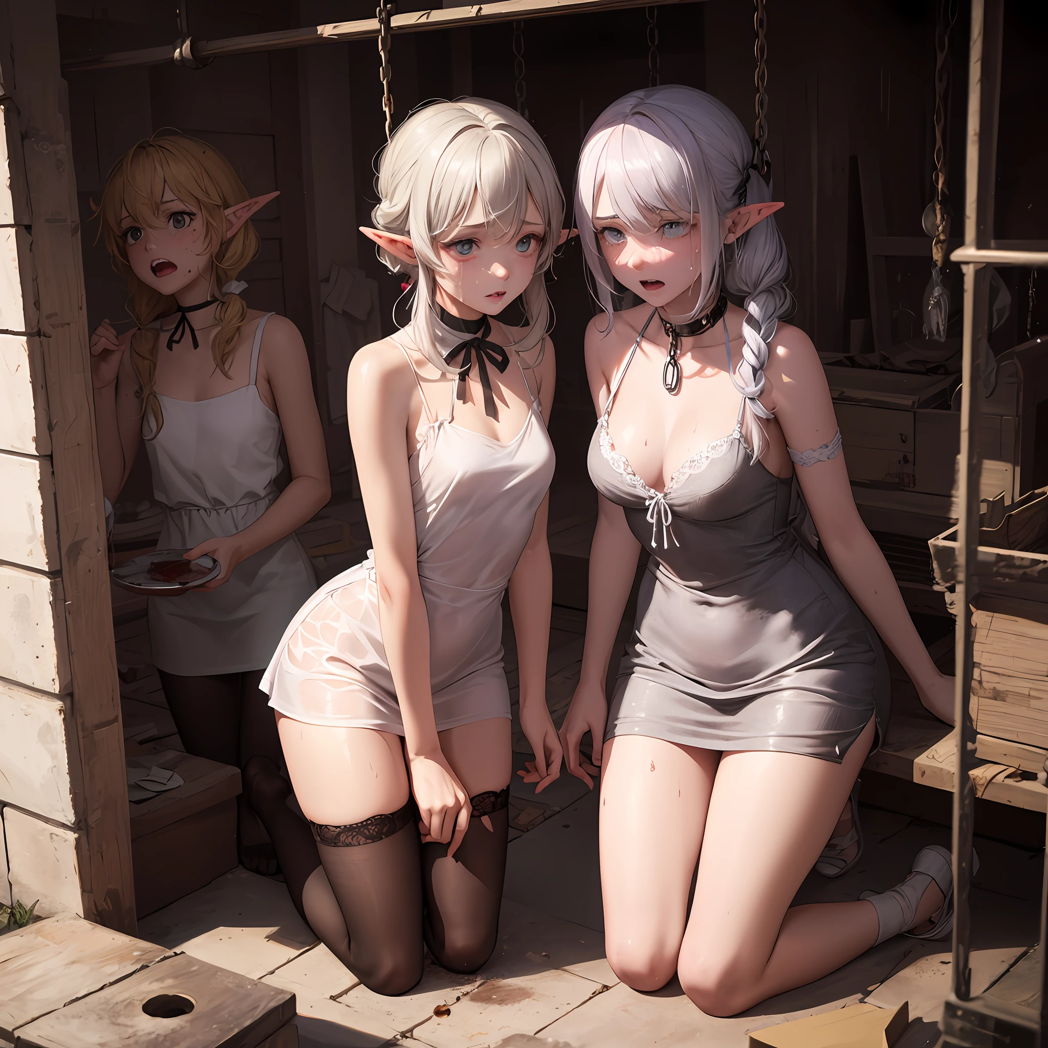 silver hair elven twins (two girls), messy hair, dusty hair, small body, hands tied with rope, neck tied with a chain, with long pigtails, kneeling , inside of a cage with large iron bars, In a gray simple peasant dress, short dress, and dirty dress and torned apart dress,, dress lifted and scratched and damaged, wet dress, no top, undressing, fearful expression,, crying eyes and expression, showing pointy teeth, pointy ears. (only two girls), bruises on the body and her faces, blood stains in the clothes