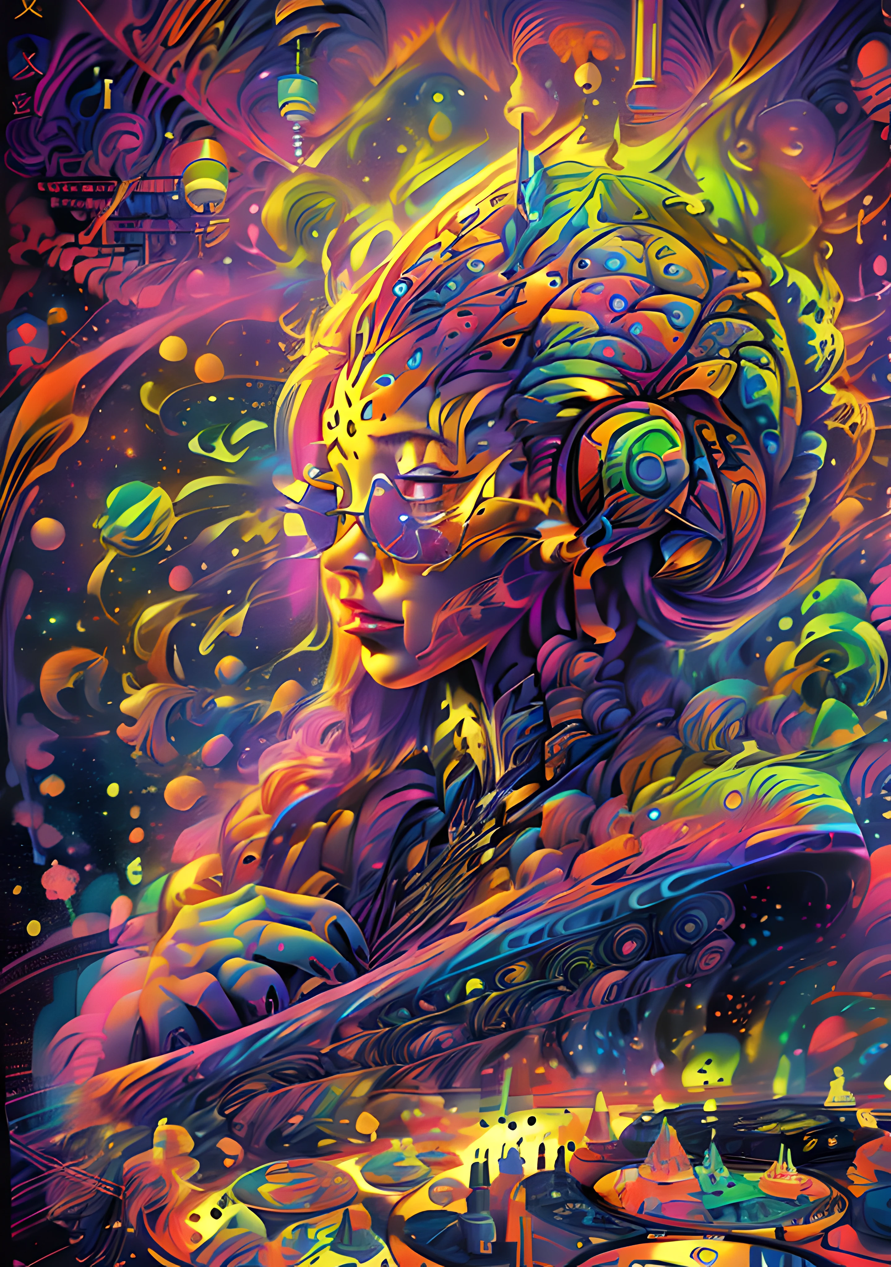 (High resolution, incredibly detailed, masterpiece), portrait of xenia ua,xenia (ua), dj,playing records ,view from below,,featuring fractal geometry in (vibrant colors:0.8), set against a (galactic background:1.2), bringing together complex, mesmerizing shapes and patterns.dmt .