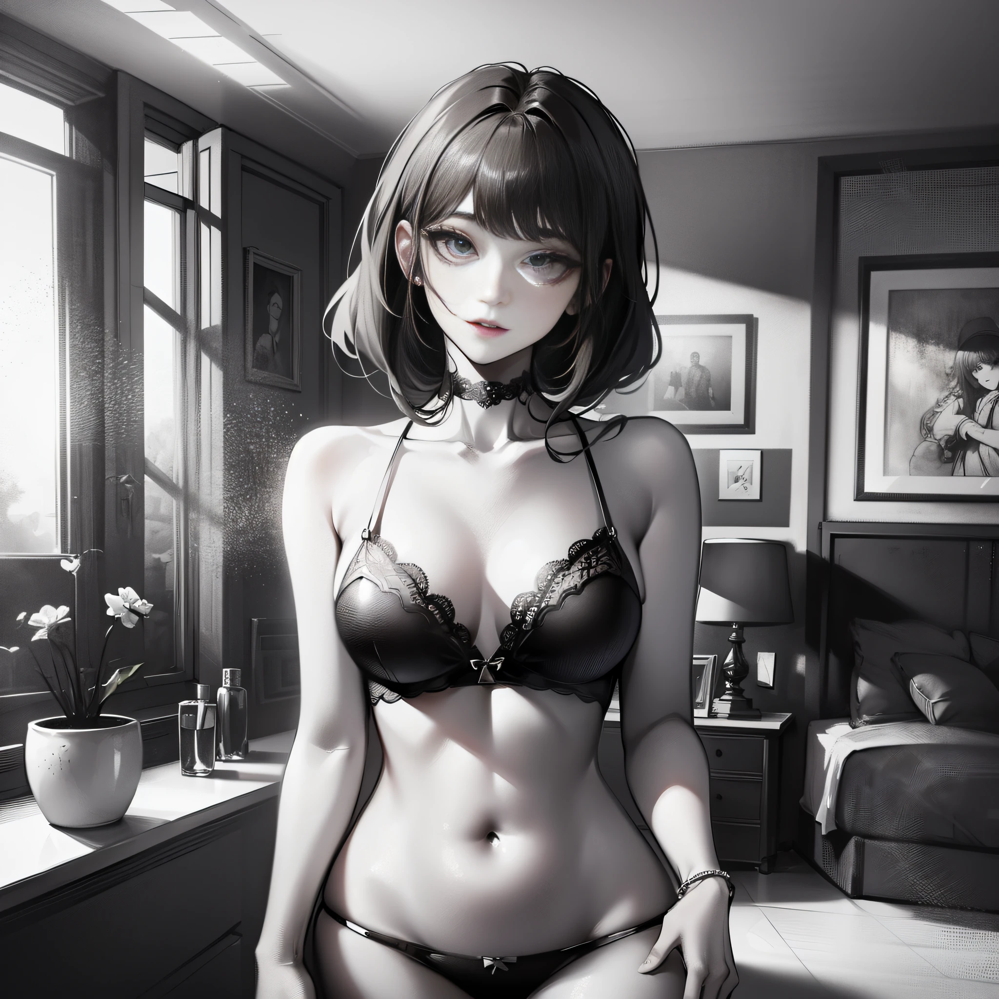 Crea una chica en ropa interior sexy, black and white image with Rembrandt type lighting