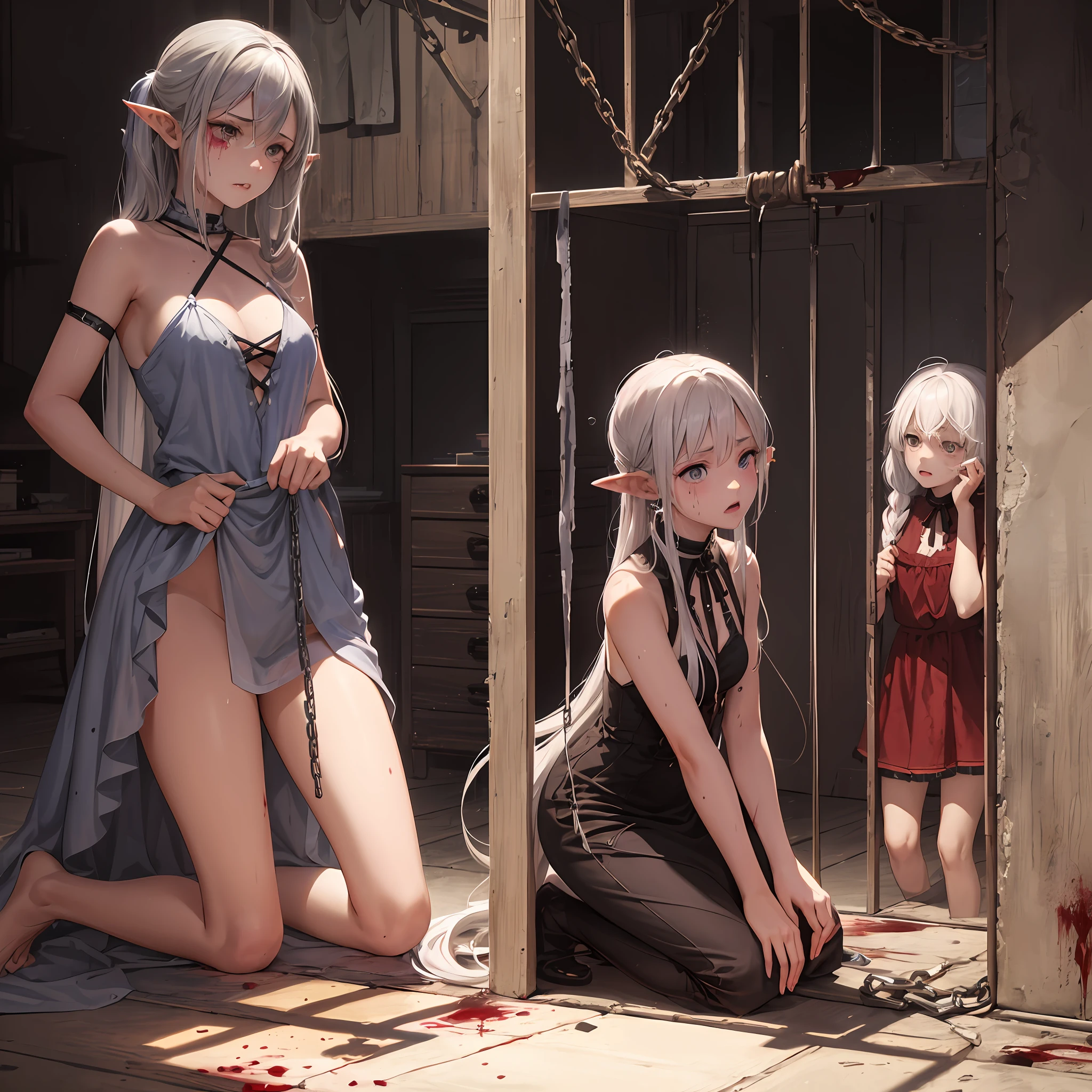 silver hair elven twins (two girls), messy hair, dusty hair, small body, hands tied with rope, neck tied with a chain, with long pigtails, kneeling , inside of a cage with large iron bars, dirty dress and torned apart dress,, dress lifted and scratched and damaged, wet dress, no top, undressing, fearful expression,, crying eyes and hurtful expression, showing pointy teeth, pointy ears. (only two girls), bruises and scratches on the body and her faces, blood stains in the clothes