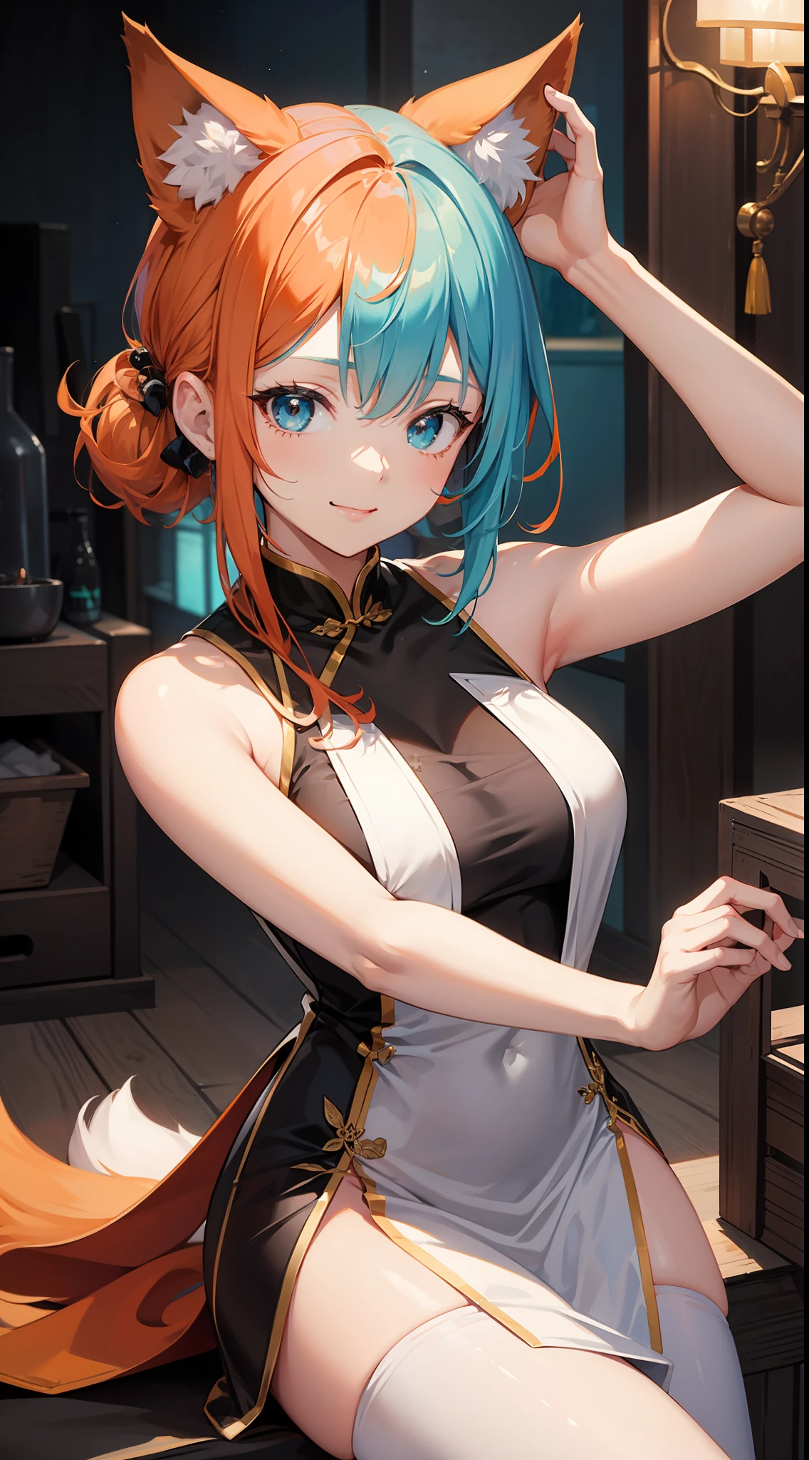 young girl, llong orange hair, Fox ears, Cyan eyes, Chinese sleeveless dress, ssmile, Masterpiece, hiquality