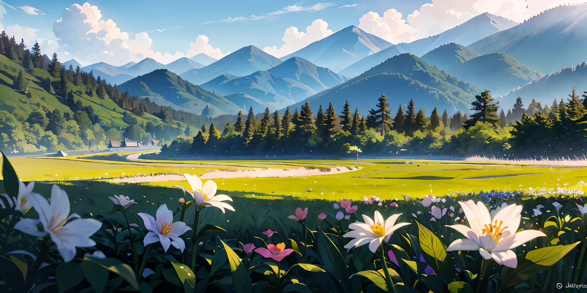 Masterpiece, Best quality, 8K, Wide-angle view, Sea, on a grassy field, flower sea, (bamboo forrest), in a spring,