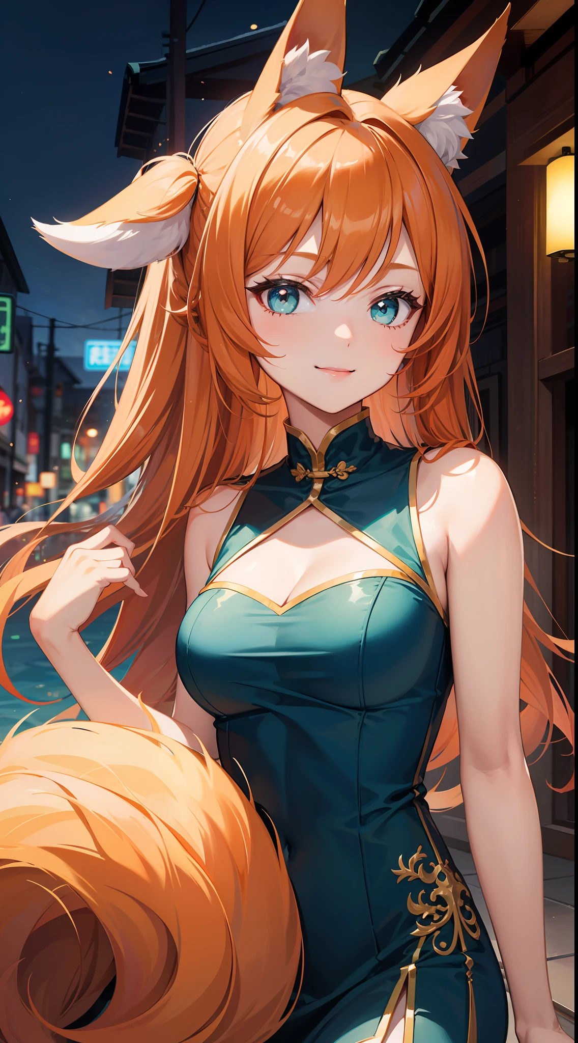 young girl, llong orange hair, Fox ears, Cyan eyes, Chinese sleeveless dress, ssmile, Masterpiece, hiquality