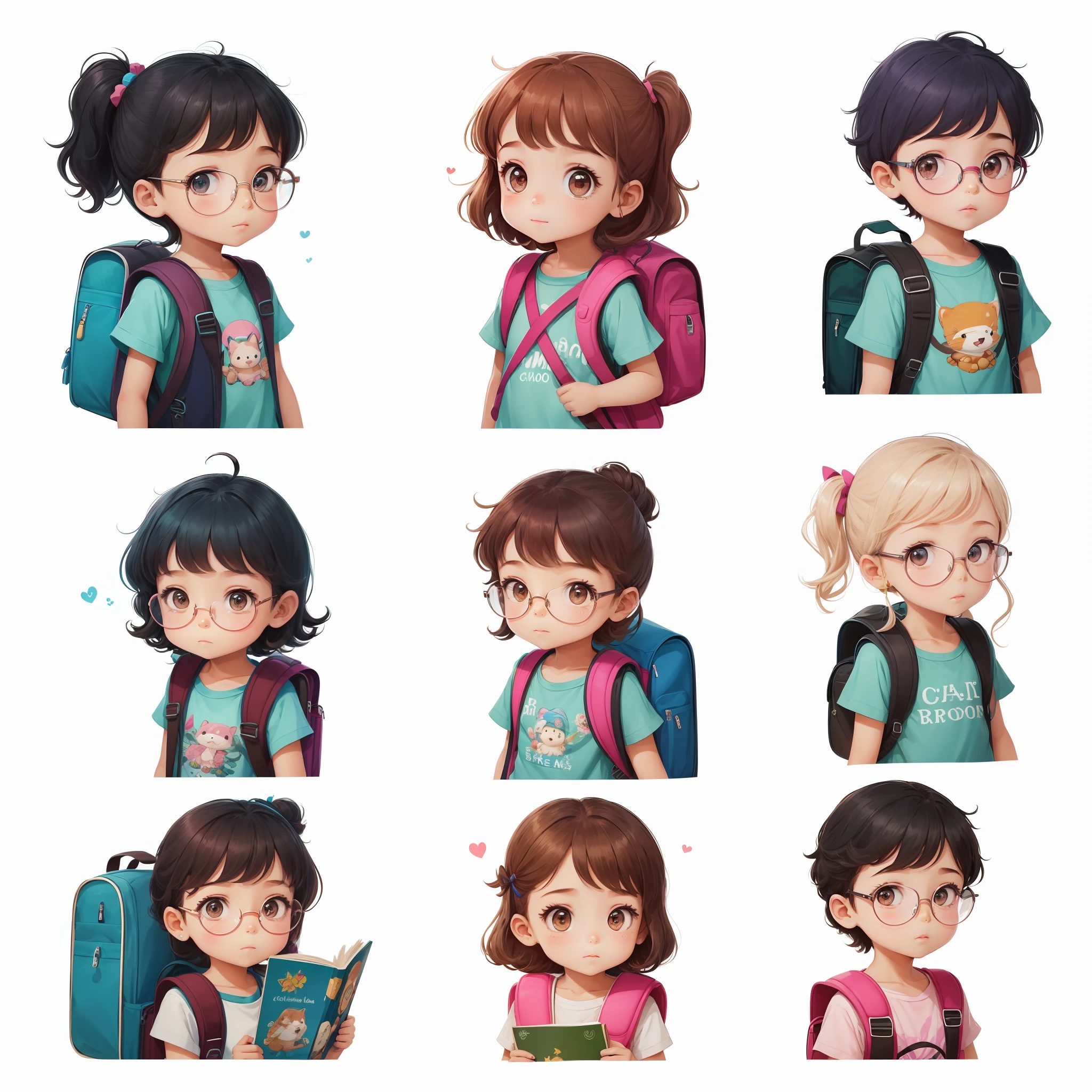A , 5-year-girl various poses and expressions on white background, children's book ilustration style, simples, cores, cabelo preto e longo, cor lisa, camiseta branca de manga curta, saia escolar azul, without a hat, With eye Glasses, sem livro, sem mochila --auto