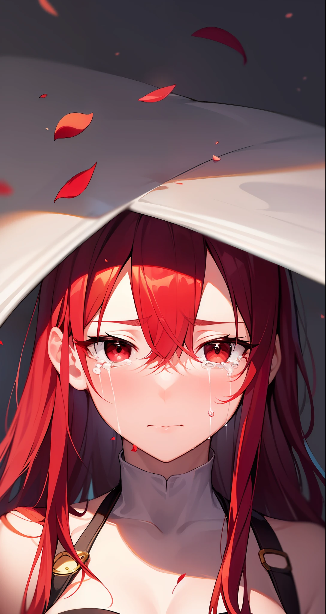 (masterpiece), (best quality),highres, ultra detailed, professional lighting, esdeath, esdeath outfit, front view, tearful eyes, sad, tilted head, looking away, crying, falling petals, whole body, cheeks turning red, depressed look, blood red hair