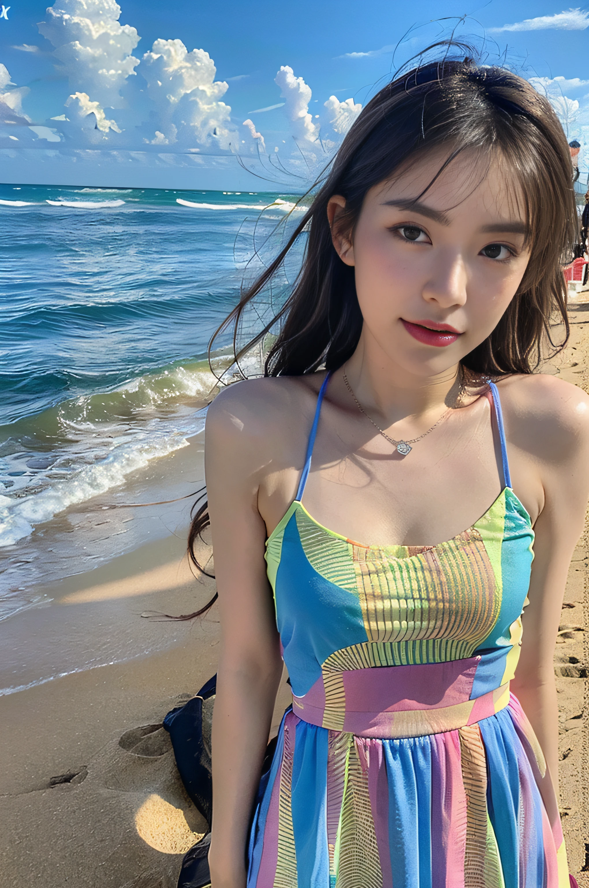 (8K, RAW photogr, Photorealistic:1.25),1girll,sandbeach,blue-sky,baiyun,Pose, (beachside:1.5),Rainbow color slip dress,Rainbow color necklace,(of a real:1.4),conservative girl