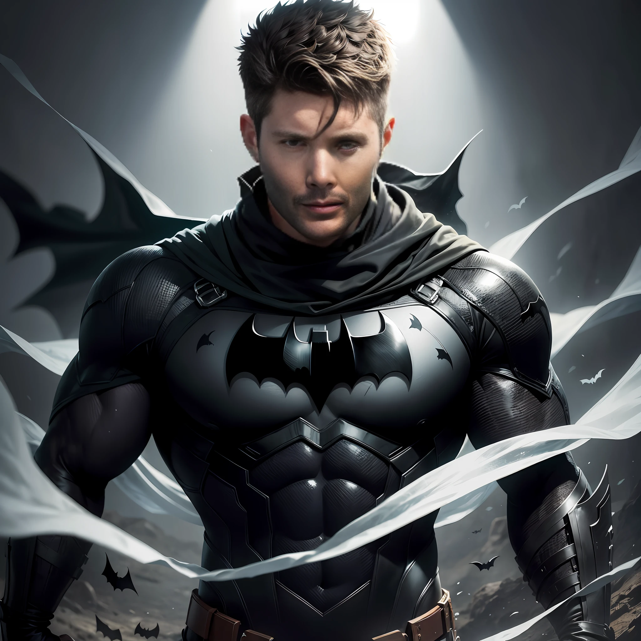 1 homem, solo, Jensen Ackles como Batman, rosto realista, alto, hunk, musculoso, a granel, ombro largo, fotorrealismo, barriga coberta com terno cinza escuro, Dark gray arms, (no mask on)),  cabelo preto, hands covered with black gloves, melhor qualidade, obra-prima, alta resolução: 16:9, capa preta,  terno altamente detalhado, rosto altamente detalhado, premiado, tempo noturno, uma caverna escura no fundo