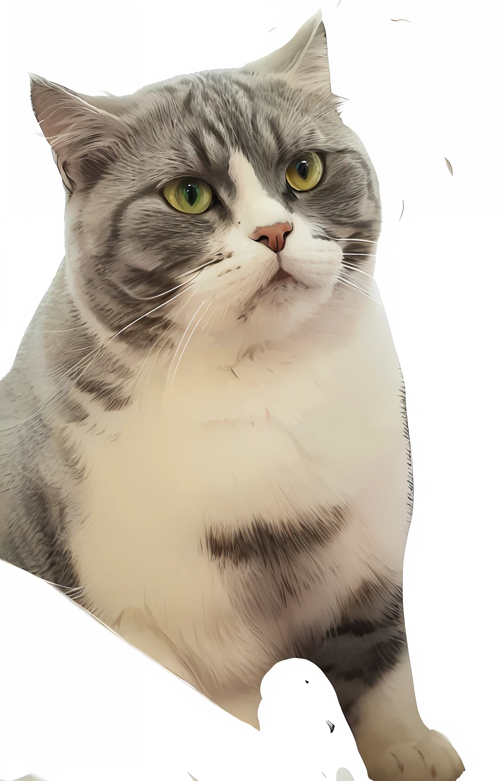 There is a cat sitting on a white blanket, photo of a cat, cat photo, cat female with a whit and chest, short light grey whiskers, proud looking away, chonker cat, A handsome, Very handsome, A cute cat, cat portrait, cat detailed, cat photography, proud look, april photo, a portrait of a cat, scottish fold