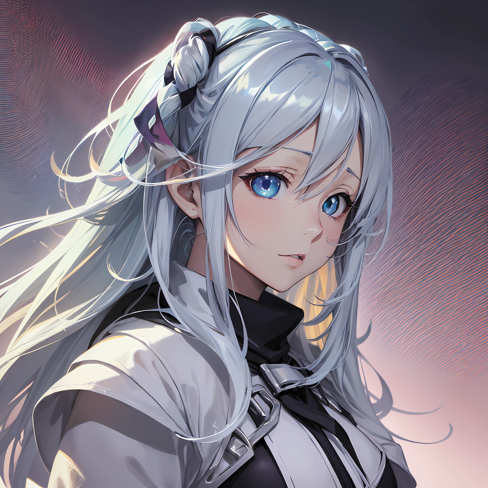 ((best anime designer illustration cute Girl:1.3)), (cute girl), a girl with (colored eyes, heterochromatic, multicolor:1.4), long white hair, white skin (portrait format), gray background matte and opaque movie backdrop from Paramount Studios, hair in the wind, different eyes in focus of the designer.