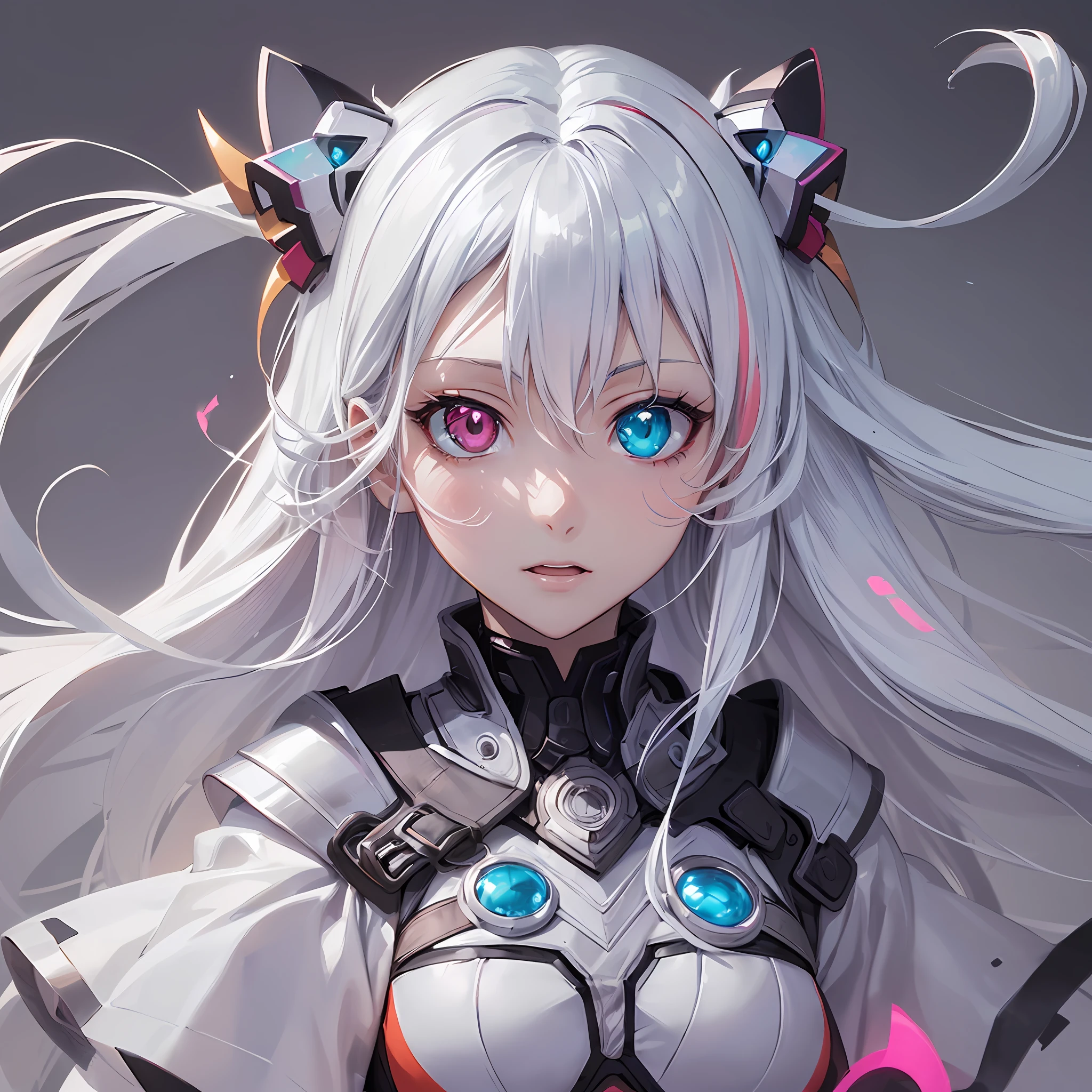 ((best anime designer illustration cute Girl:1.3)), (cute girl), a girl with (colored eyes, heterochromatic, multicolor:1.4), long white hair, white skin (portrait format), gray background matte and opaque movie backdrop from Paramount Studios, hair in the wind, different eyes in focus of the designer.