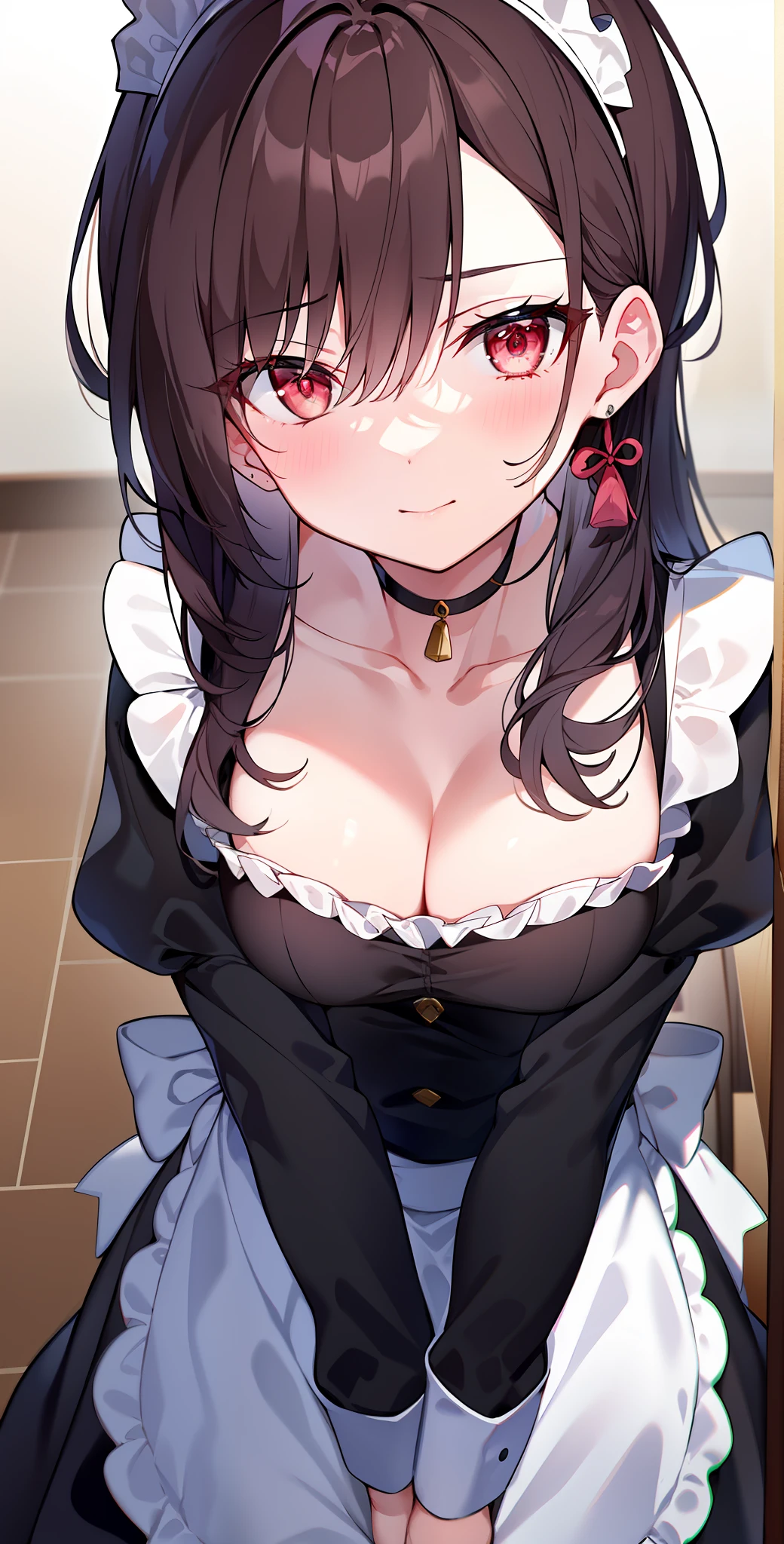 masterpiece, best quality, high resolution,
1mature women, solo, maid, enmaided, maid apron, black hair, scarlet eyes, cleavage, from front, facing viewer, face to face, smug on eyes,upper body, cleavage, medium breasts, portrait, emesis eyes, shenhe (genshin impact) outfit, welcome viewer home, small bow to welcome viewer home