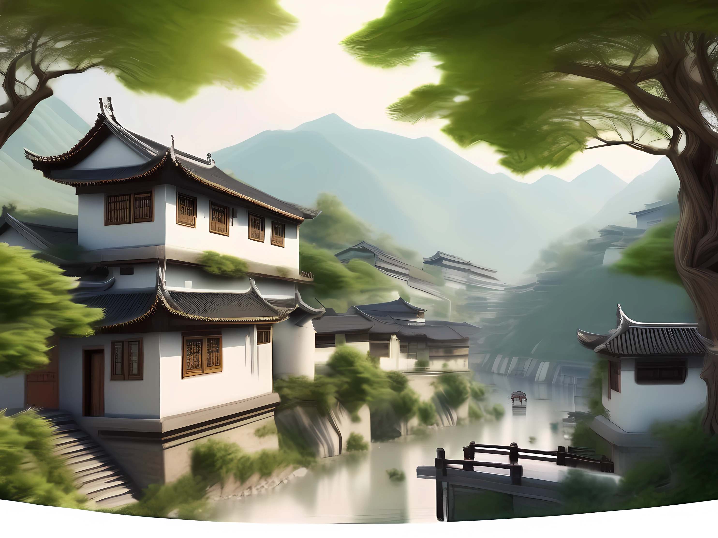 (Ultra wide-angle lens), (Best masterpiece), 8K, An ancient Chinese town nestled in mountains and hills, with lush trees, verdant leaves, murmuring streams. The visuals are exquisite and beautiful, brimming with sunshine.(white background:1 .5),white background,outside border