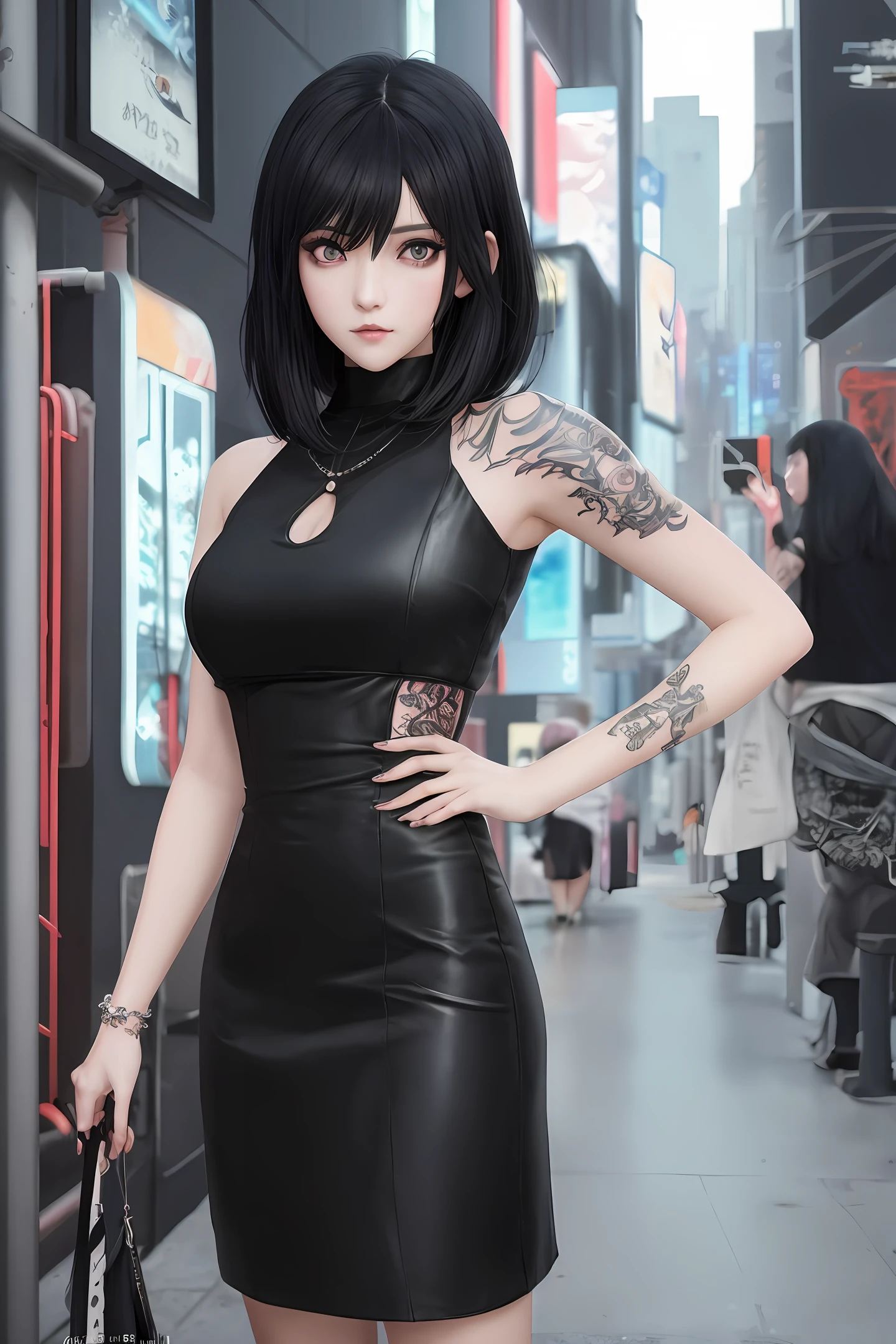 anime girl with black hair and tattoos posing for a picture, artwork in the style of guweiz, guweiz, jet black haired cyberpunk girl, 1 7 - year - old anime goth girl, anime style character, anime style. 8k, anime girl wearing a black dress, highly detailed exquisite fanart, in the art style of bowater, cyberpunk anime girl