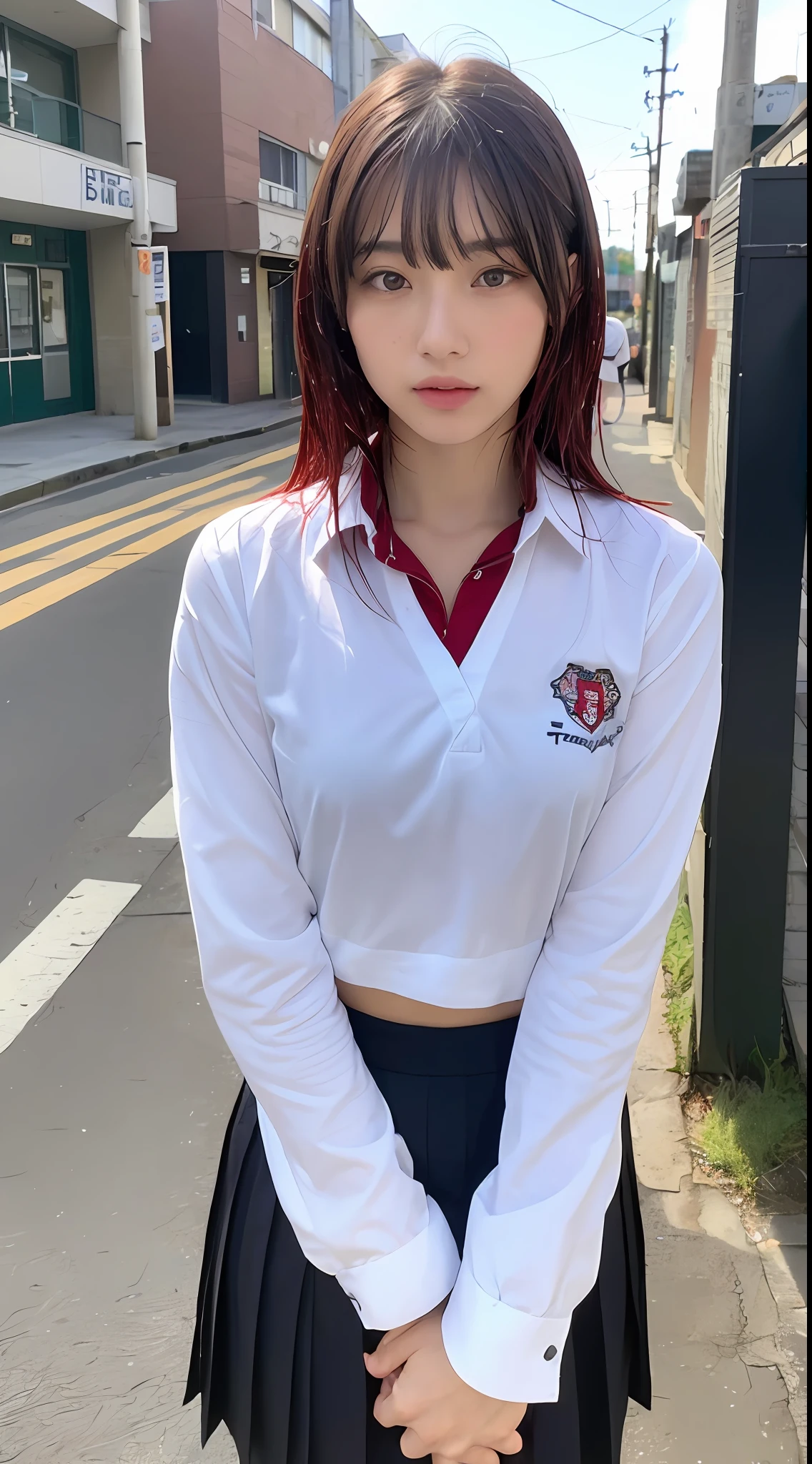 ((best qualtiy, 8k, tmasterpiece:1.3)), sharp:1.2, Handsome guy with perfect body:1.4, Slim abs:1.2, (Red layered hairstyle,Bangs a little on the eyebrows), (Black Japanese Nakayama school uniform,There is a rectangular school badge on the chest:1.1),(Sateen,the street:1.2),Get wet:1.5,Highly detailed facial and skin texture,A detailed eye,二重まぶた,Look sideways at the camera