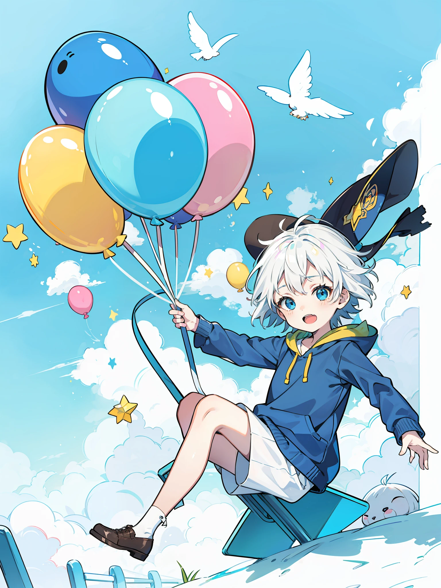 Excellent,Highest image quality,The boy with white hair,adolable,coloredballoons,children's,playground,dream magical,Reallightandshadow