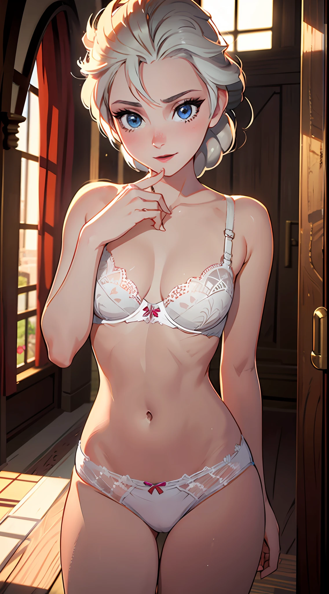 Elsa from Frozen posing sexy in bra and white panties with her hands behind her back, Castle room behind, small waist, piernas largas, sonriendo timidamente