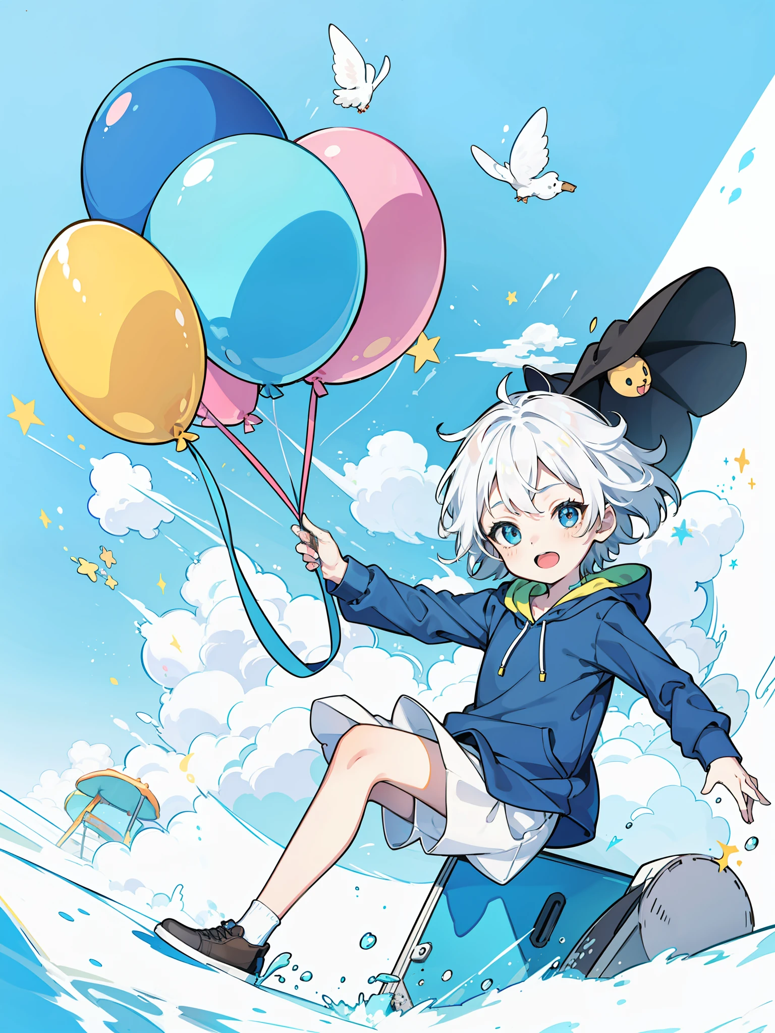 Excellent,Highest image quality,The boy with white hair,adolable,coloredballoons,children's,playground,dream magical,Reallightandshadow