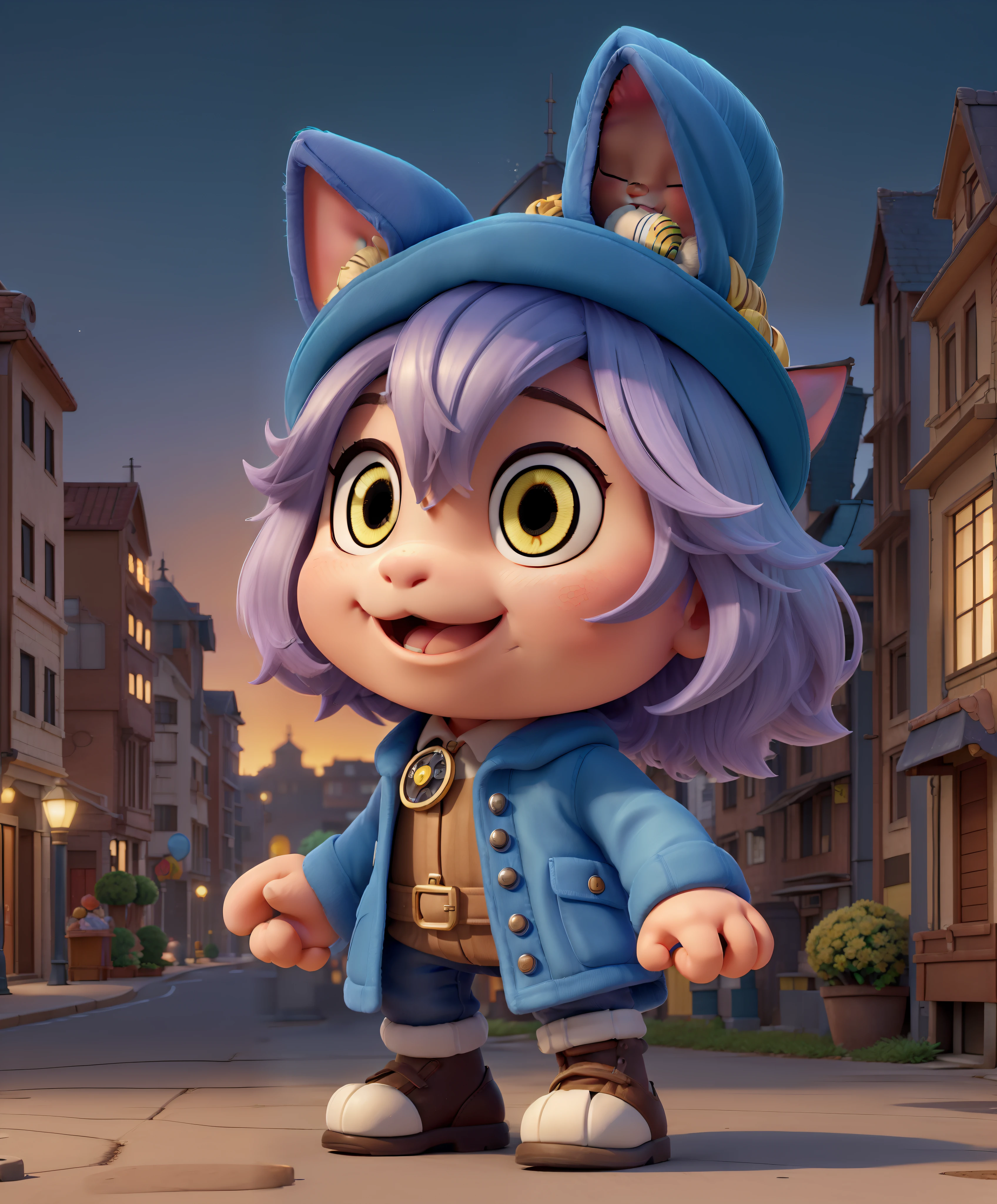(Cute kitten:1.2), ssmile, Bushy smooth coat、personification, Mushroom cap on the head, rendered:(charicature:1.3,Production Movie, the pose:(Lively:1.2, amusing), modeled:(ultra-quality:1.2,8K,Orthographic view),tulips, blue-sky, for the background(Urban night building street:1.1),{Complex and ultra-detailed, Giuseppe Arcimboldo}