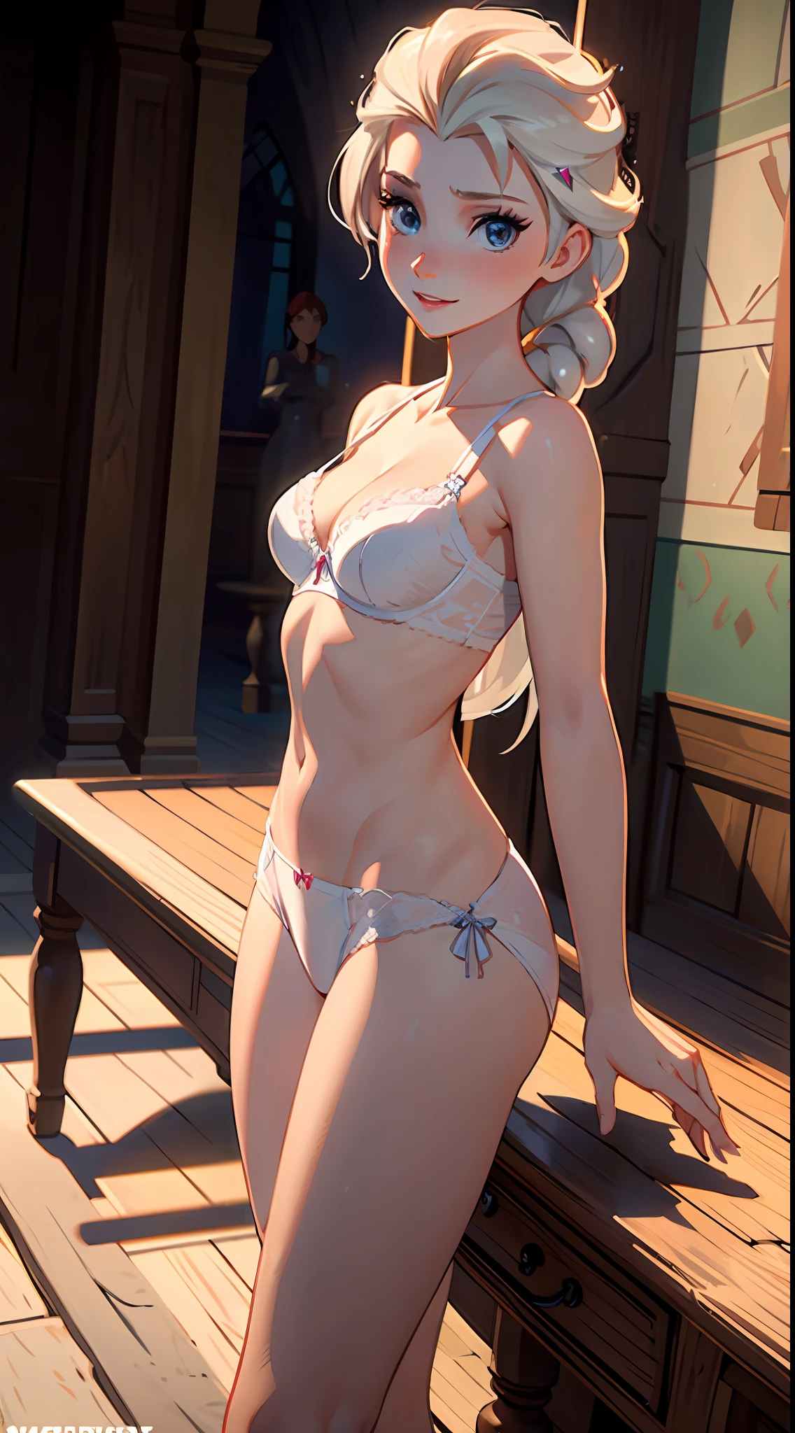 Elsa from Frozen posing sexy in bra and white panties with her hands behind her back, Castle room behind, small waist, piernas largas, sonriendo timidamente