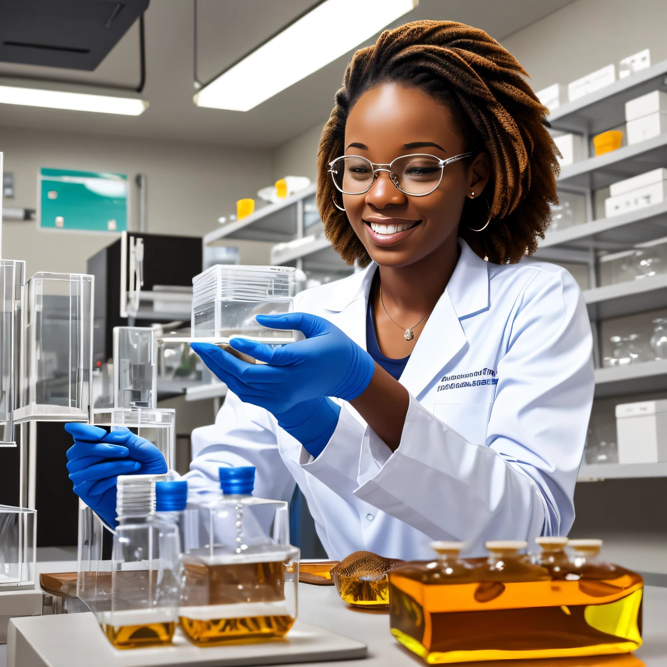 beautiful african female scientist in a laboratory looking at invertebrate specimens --auto