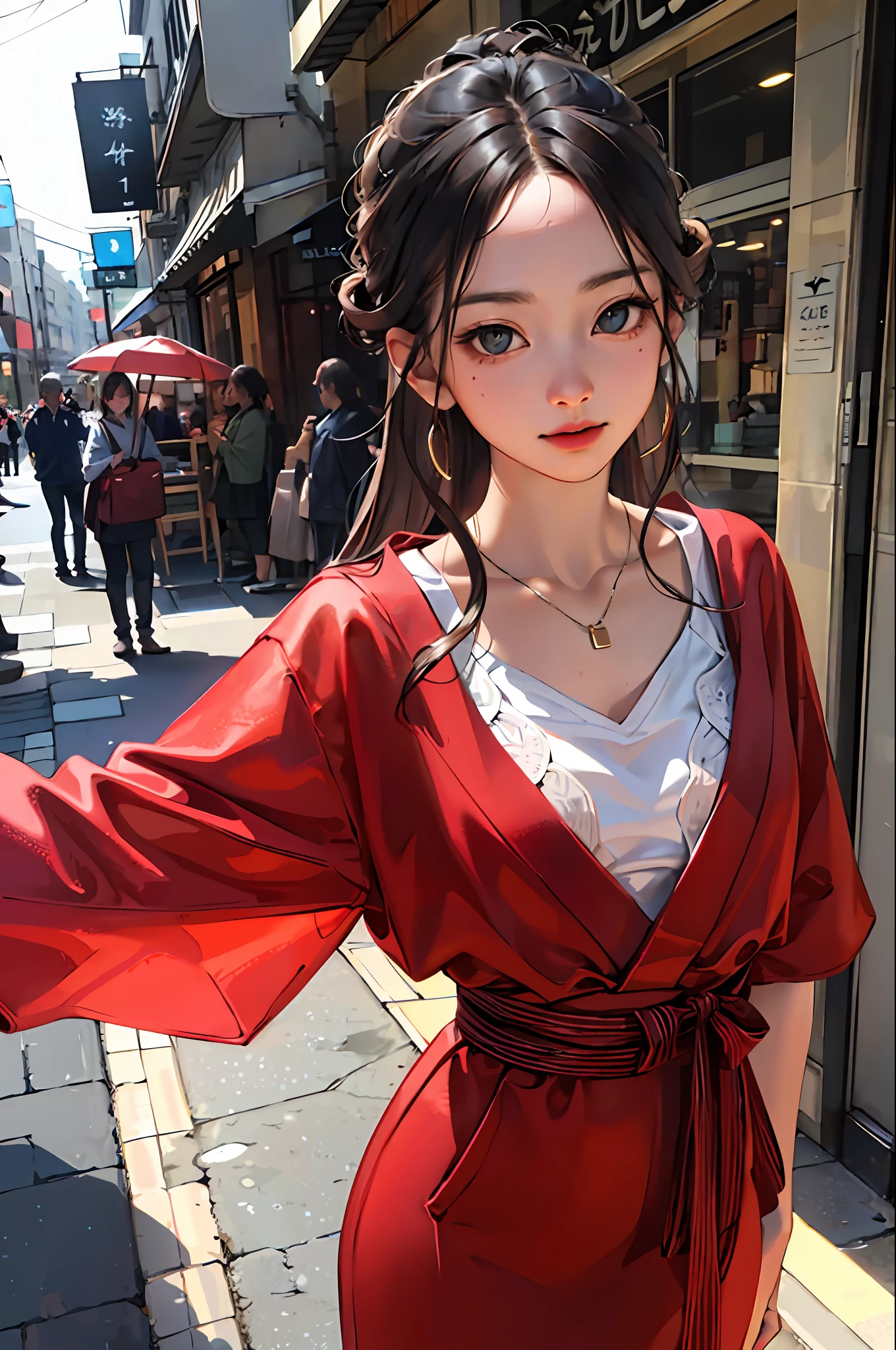 (Masterpiece:1.2, Best quality), (Very detailed face, Real picture, Realistic skin, Realistic body, Intricate details), Solo, 1 milf, Casual,Japanese hairstyle，Normal chest，French dress with small square neck，鎖骨，Seductive eyes，Standing on the bustling street，Coiled hair，Air bangs