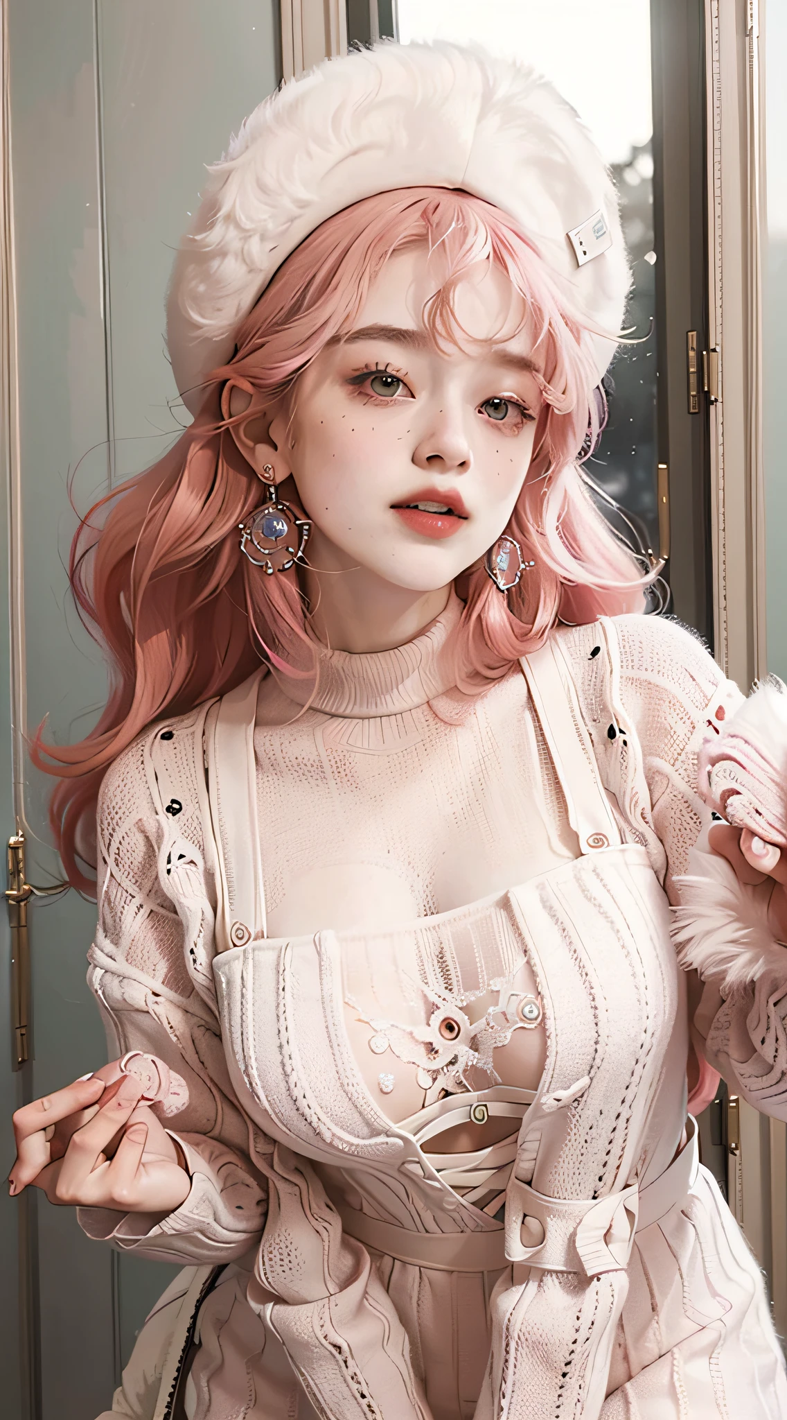 (best qualtiy), (tmasterpiece), (the detail:1.4)Cute girl,Long pink hair slightly curly,French bangs,There is not a trace of excess meat,Wear a thick sweater,With a little furry hat,The background is in the bedroom,It's sweet to laugh,Slim curves, High flexibility, A bad smiley face,Even the two thick eyebrows rippled softly,It seems to be smiling all the time,crooked,It's like a clear moon in the night sky。Fair skin sets off pale pink lips,Handsome and prominent facial features,Perfect face shape,In particular, He wears a dazzling earring on his left ear,The handsomeness of the sun,This adds a touch of uninhibition to her。。