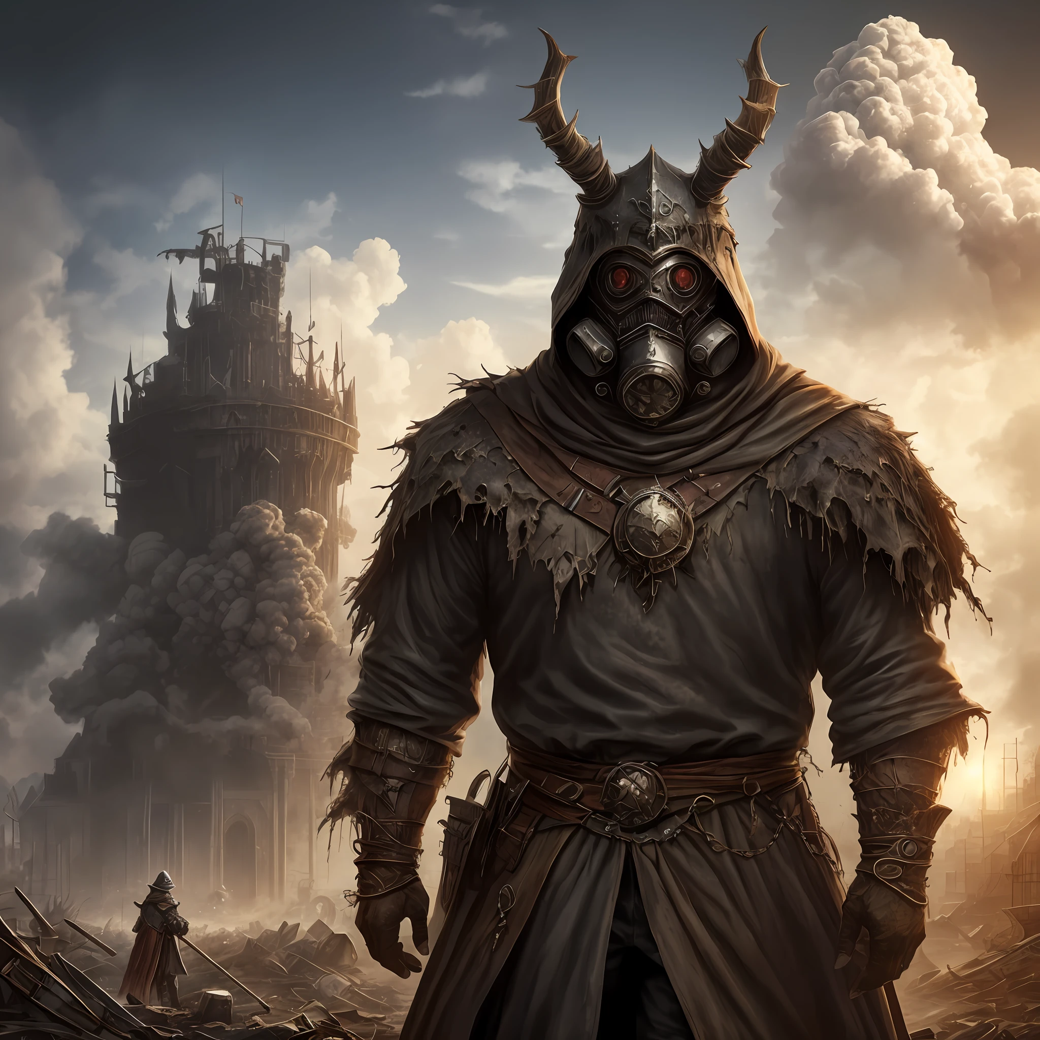 Realistic image of a character from an RPG game. A disgusting and tenebrous monster, dressed in dirty and torn clothes. In the background a cloud of toxic gas. Its body is covered with oozes and fluids. Fantasy genre, realistic image, high quality, many details, medieval times. --auto