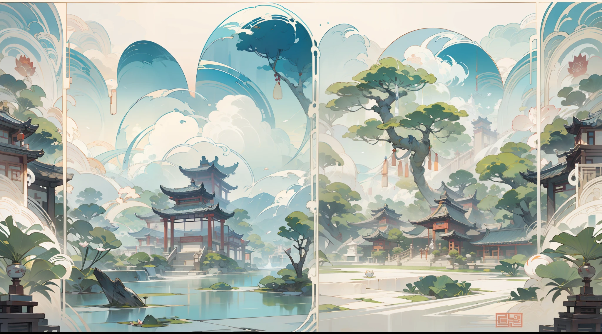 Antique game scene design，big trees，florals，Lotus architecture，Floating table，A blue sky，White cloud，Chinese ink painting OC rendering sculpture