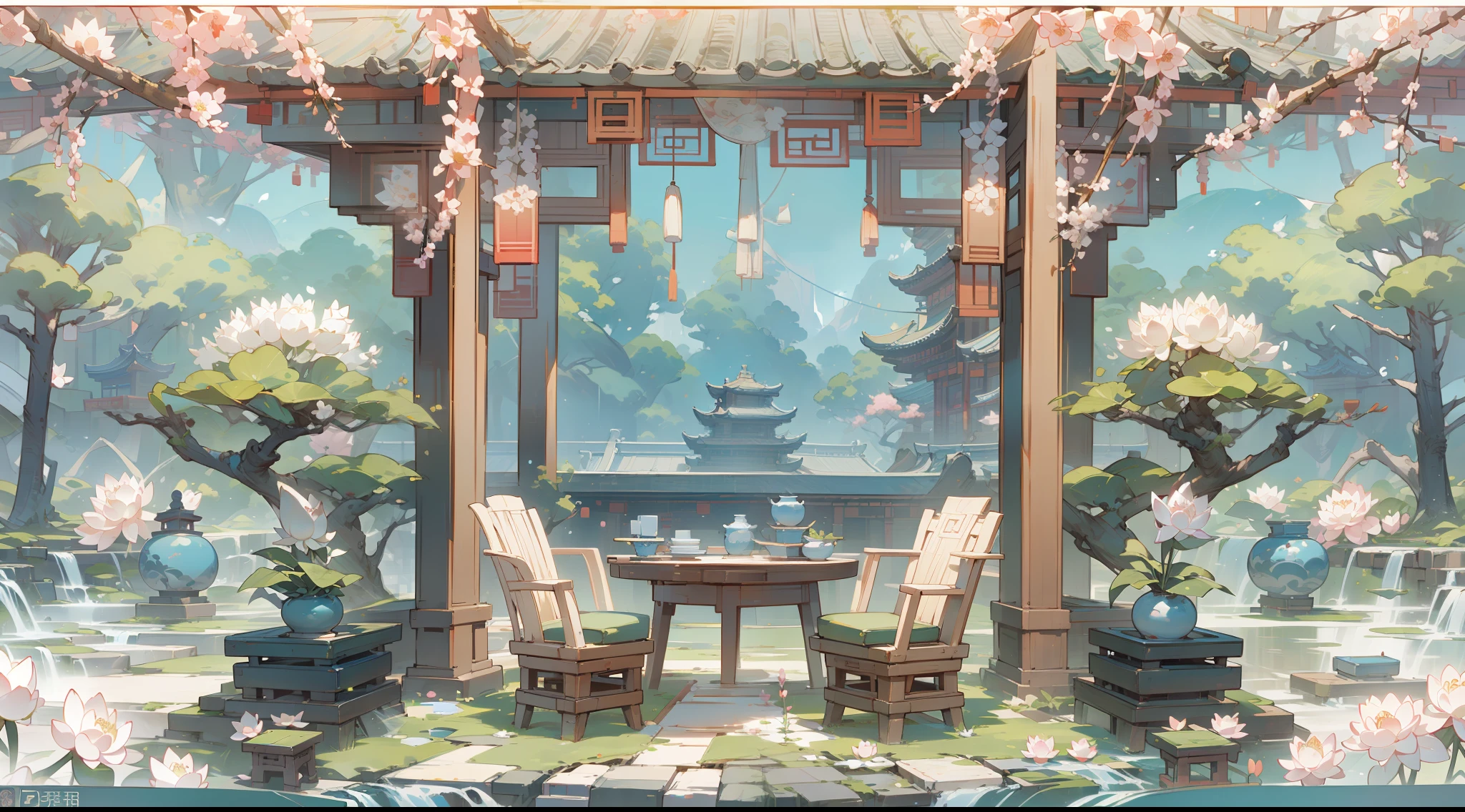 Antique game scene design，big trees，florals，Lotus architecture，Floating table，A blue sky，White cloud，Chinese ink painting OC rendering sculpture