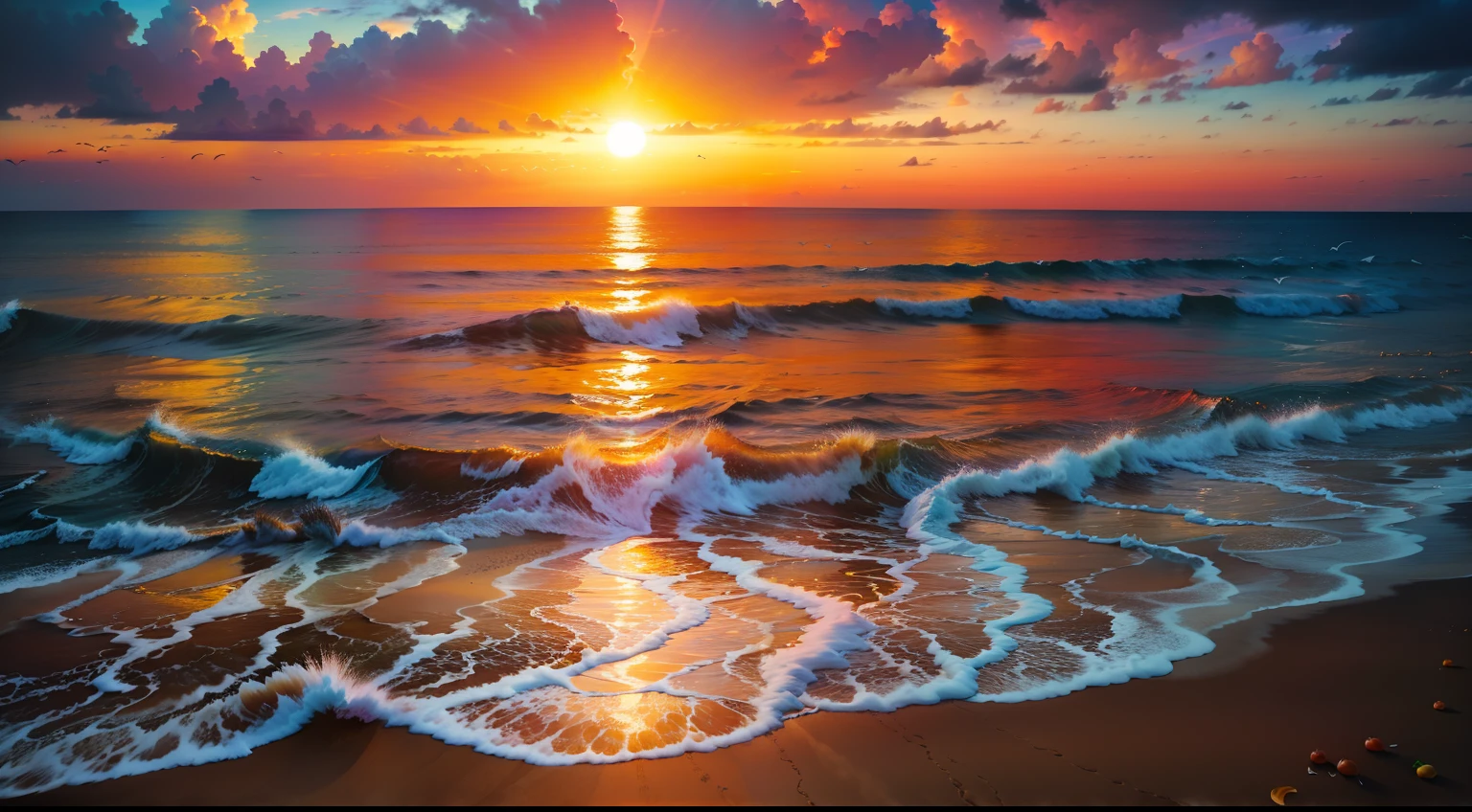 Oranges, pinks and yellows blend together to fill the sky, and the sunset over the beach is truly mesmerizing. The crystal clear waters gently kiss the coast, and the white sand beach stretches out endlessly. It's a dynamic and breathtaking scene with seagulls soaring high into the sky and palm trees gently swaying. Take in the calm atmosphere and peace will wash you away.