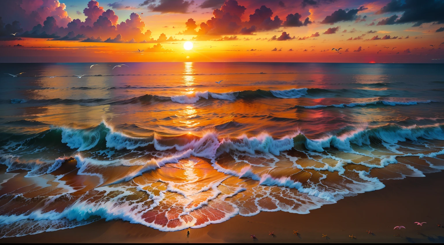 Oranges, pinks and yellows blend together to fill the sky, and the sunset over the beach is truly mesmerizing. The crystal clear waters gently kiss the coast, and the white sand beach stretches out endlessly. It's a dynamic and breathtaking scene with seagulls soaring high into the sky and palm trees gently swaying. Take in the calm atmosphere and peace will wash you away.