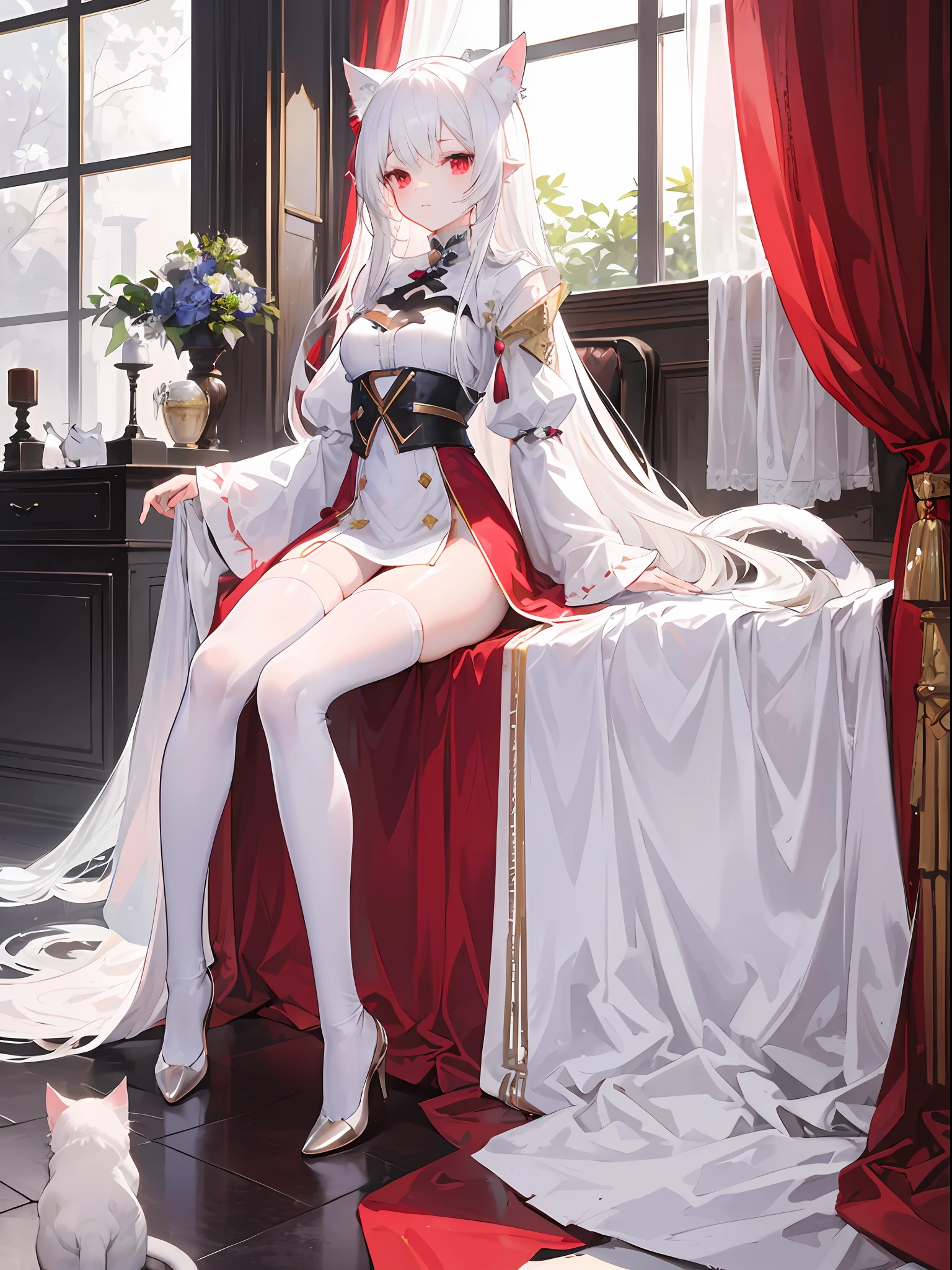 solo person，femele，Beast-eared maiden，Cat lady，White cat ears，White cat tail，White hair，Long hair，Red eyes，nabel，Long legs，White stockings，His face flushed，Royal Sister，Tall guy，Slim figure