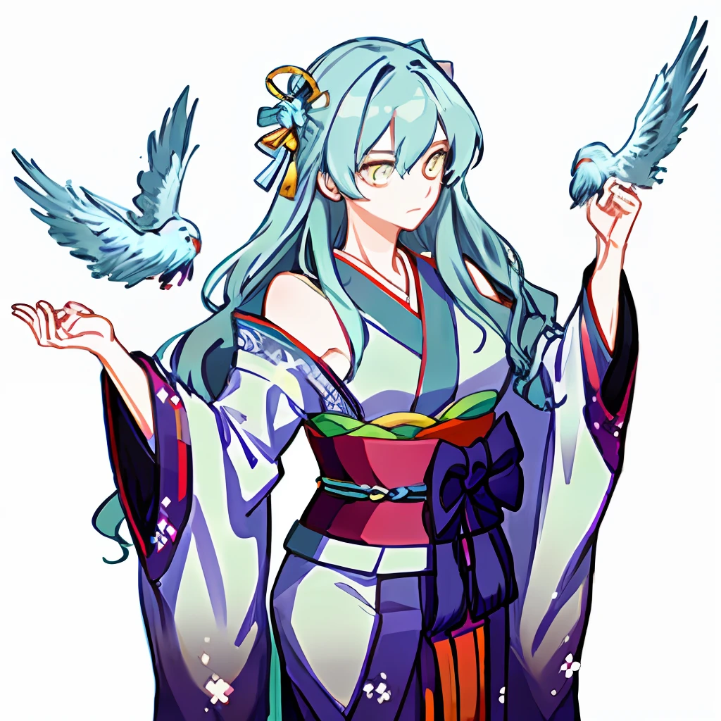 has a long, wavy light blue hair that falls gracefully past her shoulders.
Her eyes are a mesmerizing color of yellow, representing the powerful spirit sealed within her. They pierce through with resilience and determination, reflecting her strong-willed nature.
has a slender and athletic build, which complements her sharp and agile movements in combat. She stands at an average height, radiating a sense of grace and poise.
wearing a traditional Japanese kimono with intricate patterns and vibrant colors. The kimono emphasizes her regal and noble presence while adding a touch of traditional charm to her character.