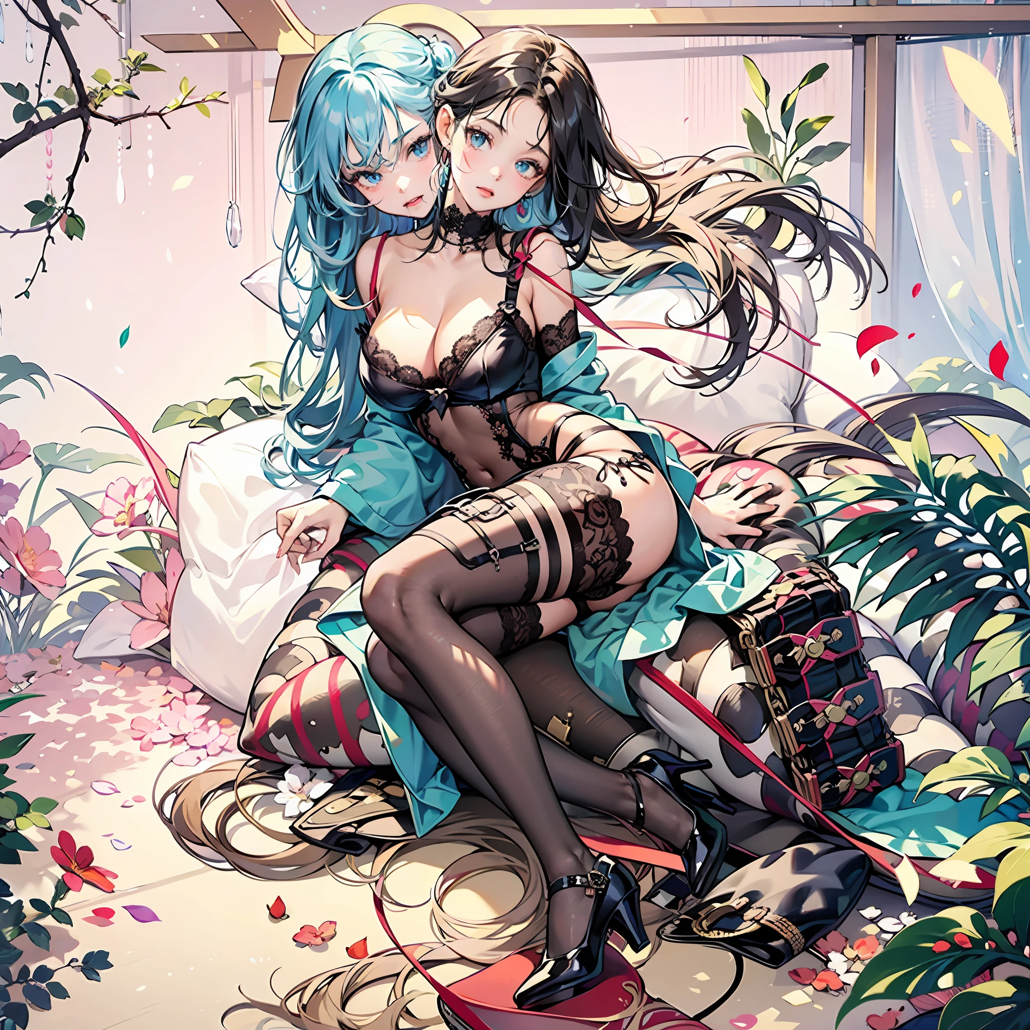 a 10 years old girl，There are 3 heads, Different expressions, Long hair at both ends, , Drooling eyes are controlled by metal restraints, A black face,  body drooling, Latex , No bra, Long legs, Legs, Lace stockings, strangle high heels