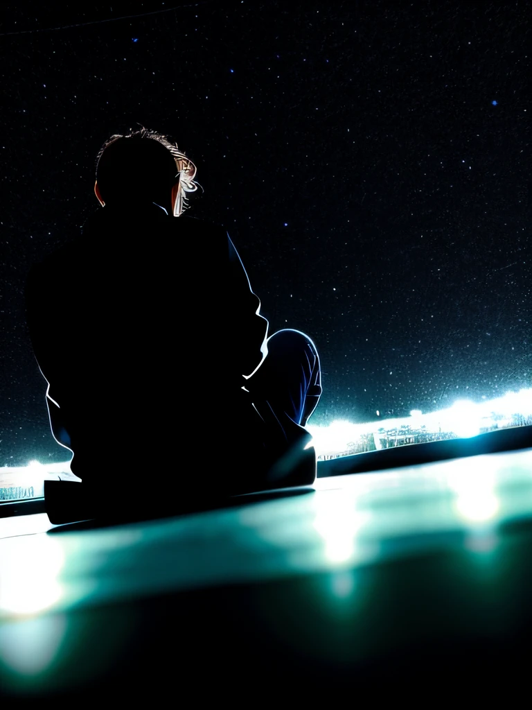 a man sitting on the floor, com roupas gastas e muito velhas, humor negativo, culpa, chuva forte, Mole particles, in the nighttime, terra refletiva molhada, Artistic Image, contra o fundo de um campo de batalha, close-up, looking-into-camera