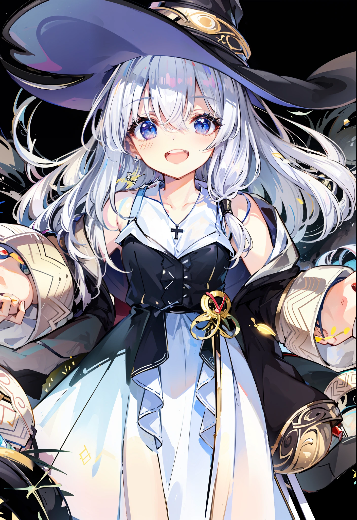 Anime girl in white dress and black hat with wand, Official artwork, flirty anime witch casting magic, white-haired god, Splash art anime Loli, high detailed official artwork, A scene from the《azur lane》videogame, pretty sorceress, marisa kirisame, alchemist girl, Detailed key anime art, from touhou, Loli，The left hand is more delicate，Clothes are more detailed，Behind the statue is a huge six-manated magic array