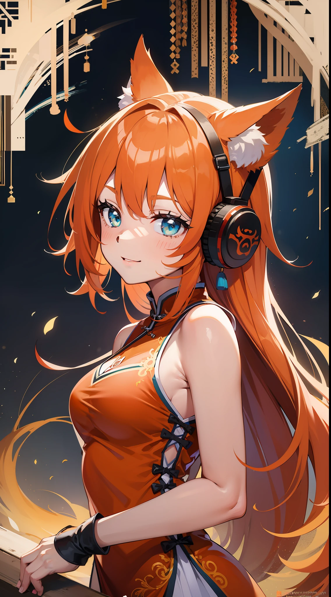 young girl, llong orange hair, Fox ears, Cyan eyes, Chinese sleeveless dress, ssmile, Masterpiece, hiquality