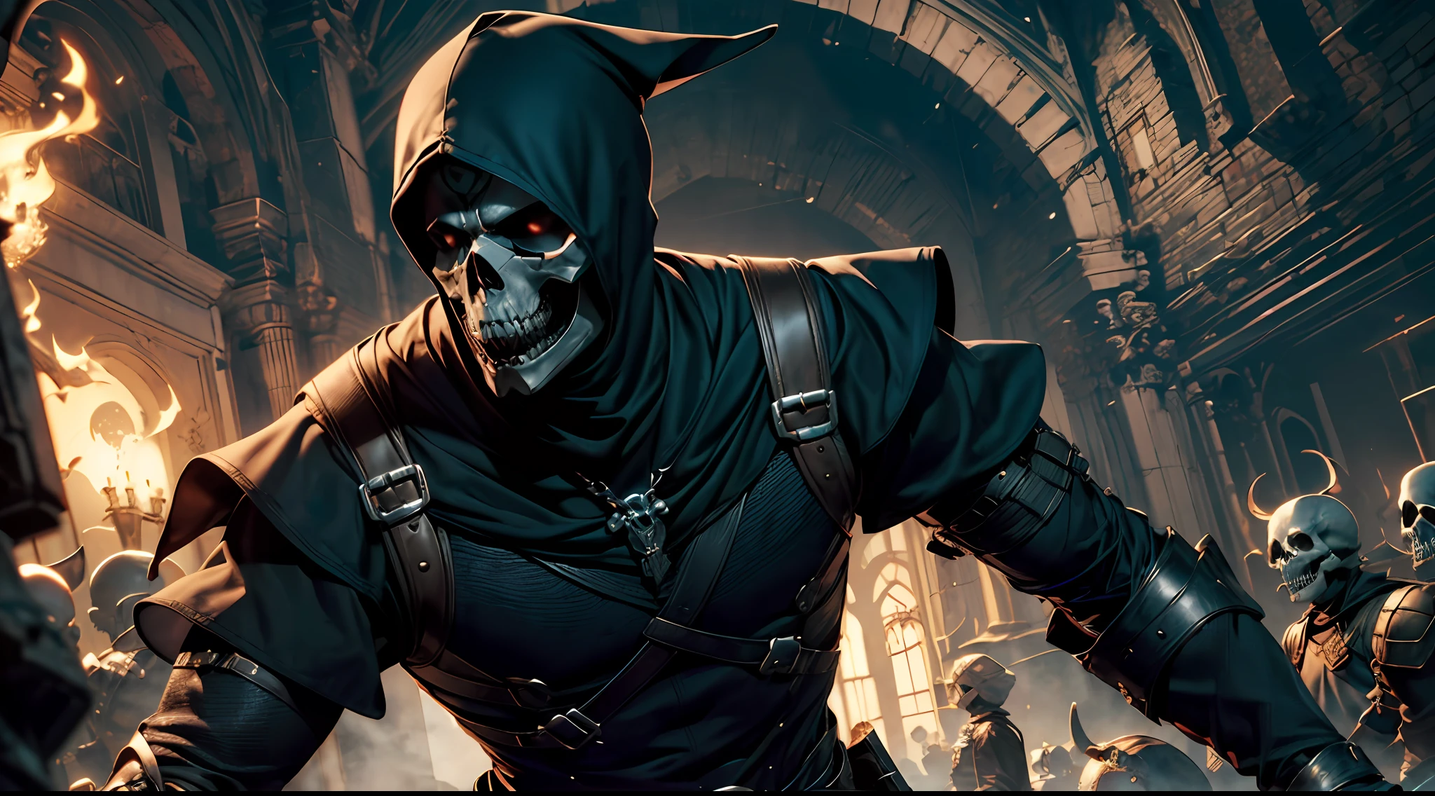 ((sozinho)), (((ceifador de almas assustador))), (((em seu covil macabro))), manto preto, esqueleto, sozinho, capuz para cima, capa, parte superior do corpo, medieval, horror, skull face, segurando uma foice
