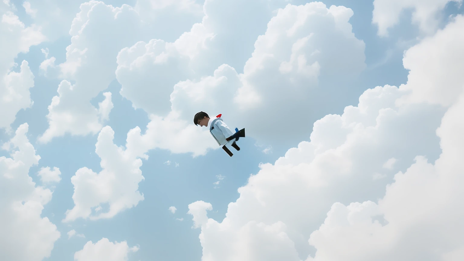 panoramic lens，A boy is buried in clouds，Fall,in a cloud, In the sky, floating into the sky,  on cloud