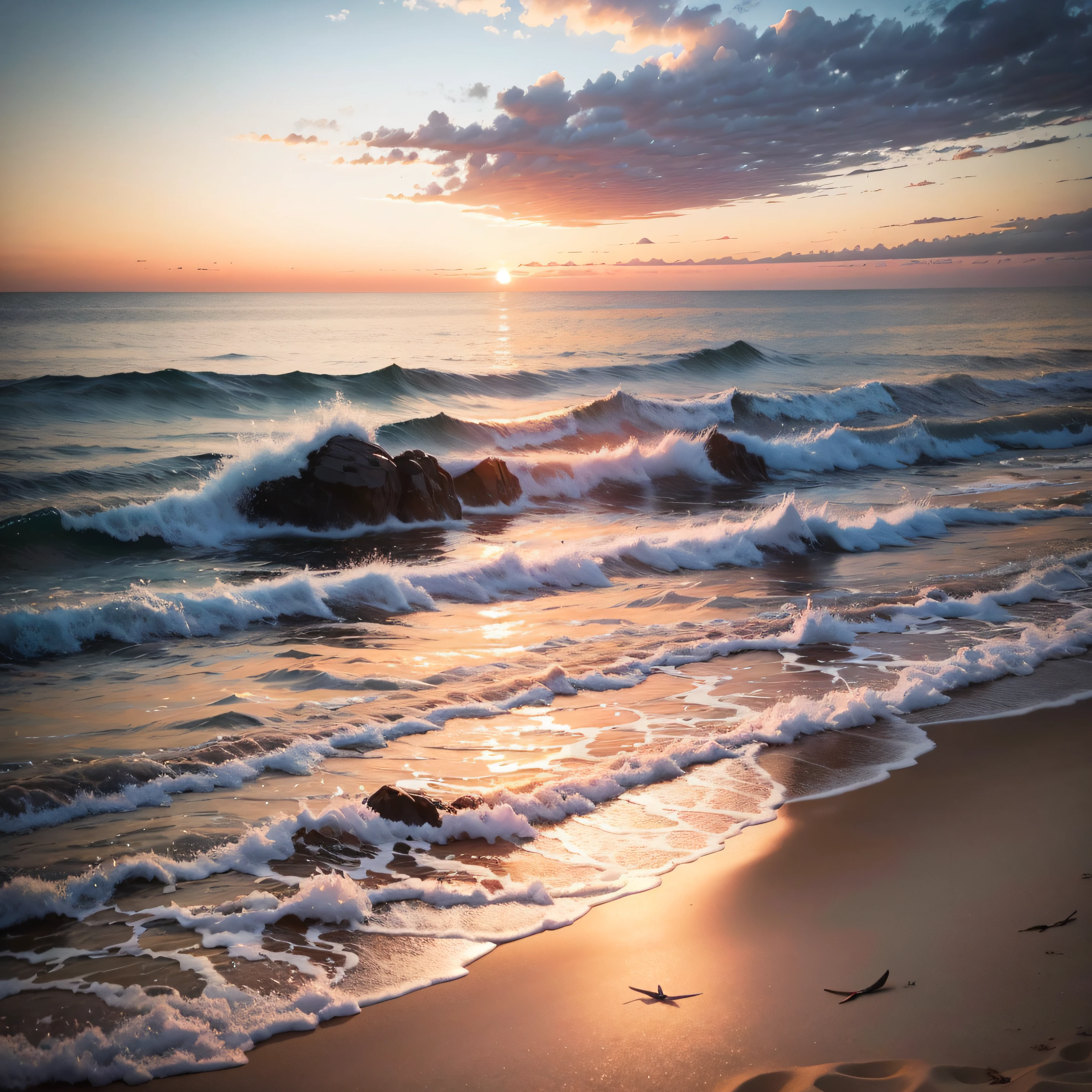 An absolutely mesmerizing sunset on the beach, with a mix of orange, pink, and yellow in the sky. The water is crystal clear, gently kisses the coast, and the white sand is endless. The scene is dynamic and breathtaking, with seagulls soaring high in the sky and palm trees swaying softly. Immerse yourself in the calm atmosphere and let the serenity surround you. --auto